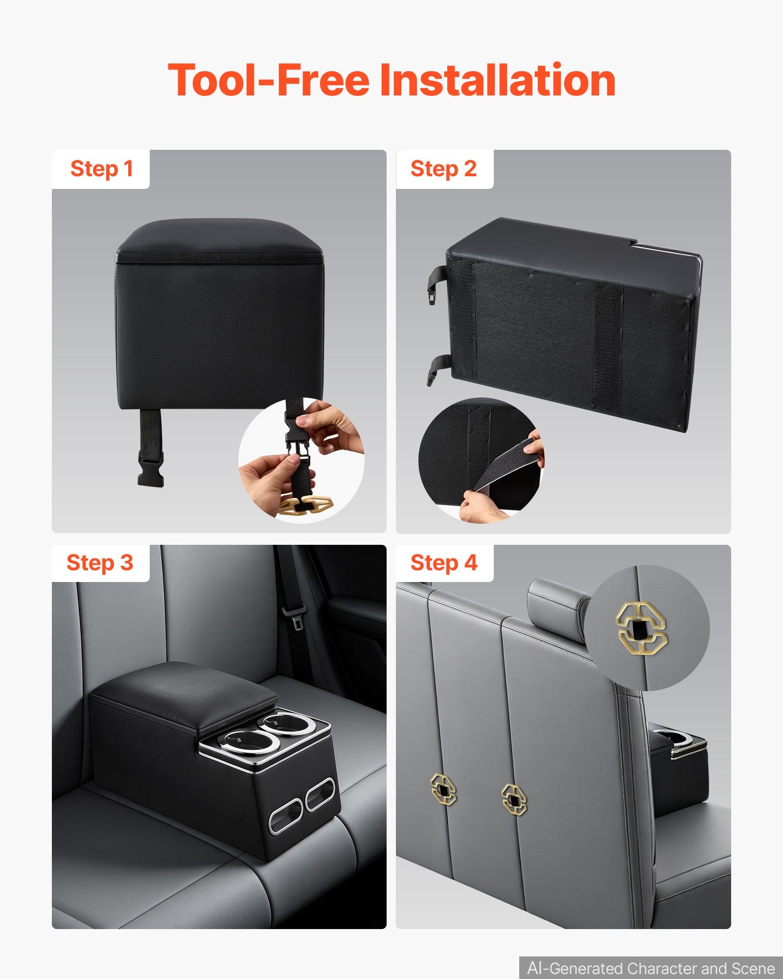 VEVOR Rücksitzbank-Mittelkonsole 435 x 250 x 230 mm Schwarze Staufachbox für Fahrzeuge mit Rücksitzbank, mit 2 Getränkehaltern und Handyhalter, Sicher per Schnalle Befestigt und Neu Positionierbar