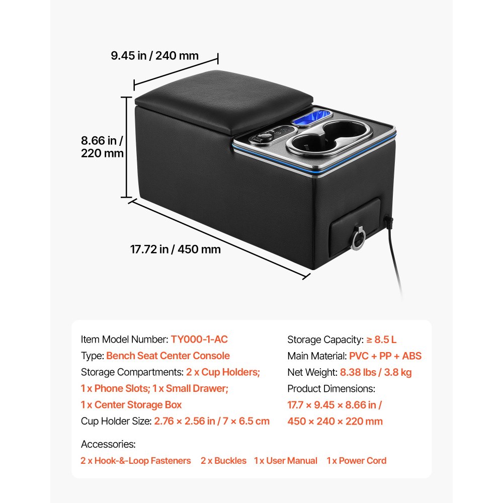 VEVOR Universal Mittelkonsole für Rücksitzbank 7-Farben LED 12-24 V Schwarz für Smartphones und Elektronikgeräte, QC- und PD-Typ-C-Ladung, Staufach, 2 Getränkehalter, Handyhalterung, Kleine Schublade