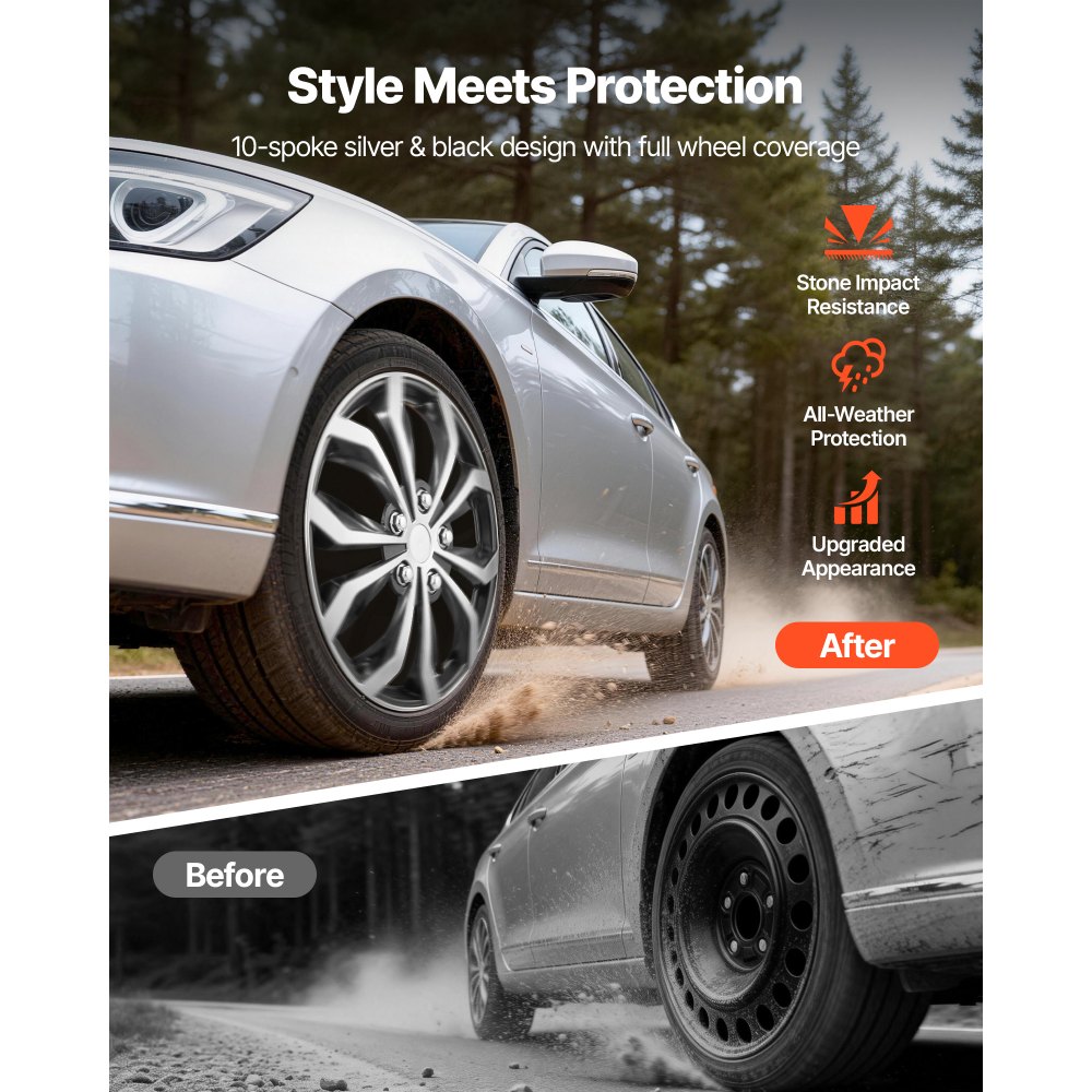 VEVOR 4x Universale Radkappen 16 Zoll, Radzierblenden Set aus ABS Kunststoff, Verstellbare Radblenden mit 10 Speichen & Snap-On-Montage Design, R16 Radabdeckungen für Deko & Daubschutz, Silber/Schwarz