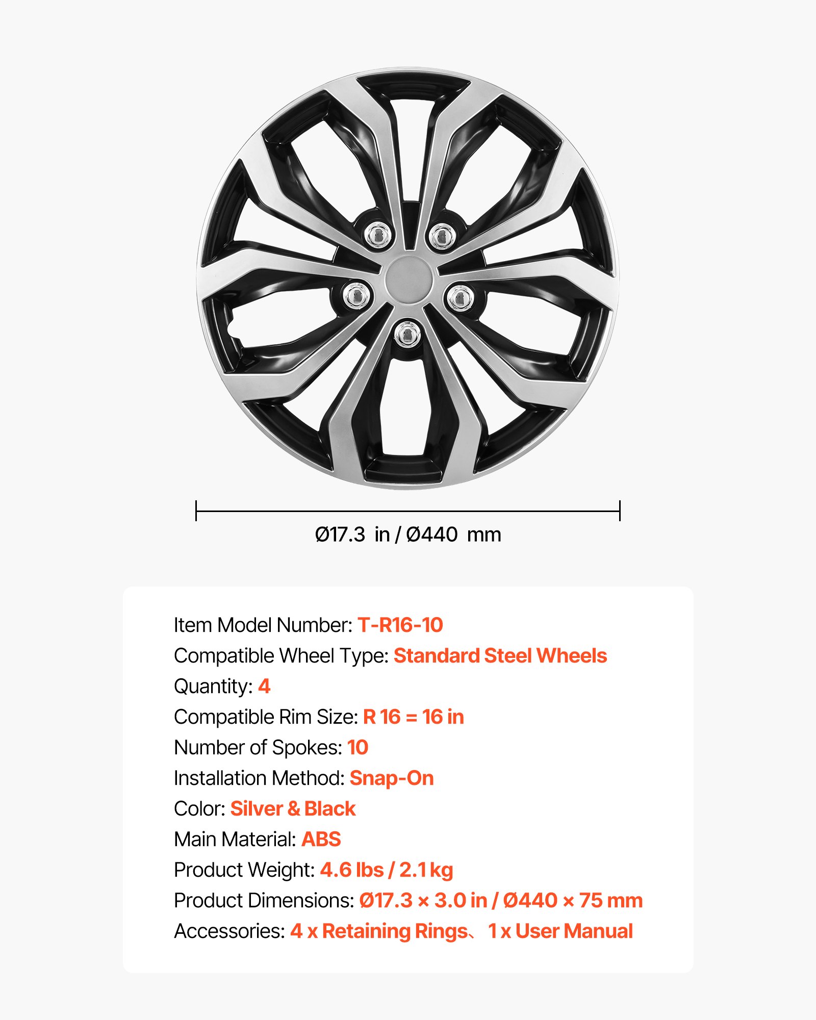 VEVOR 4x Universale Radkappen 16 Zoll, Radzierblenden Set aus ABS Kunststoff, Verstellbare Radblenden mit 10 Speichen & Snap-On-Montage Design, R16 Radabdeckungen für Deko & Daubschutz, Silber/Schwarz