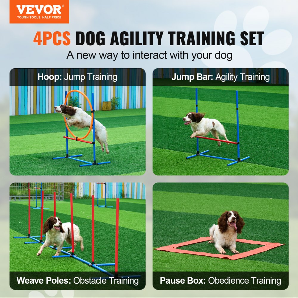 VEVOR Hunde-Agility-Trainingsausrüstung, 4-teiliges Set mit verstellbaren hohen Hürden, 6 Slalomstangen, Sprungring, quadratischer Pausenbox, Pfeife, faltbarer Schüssel, Hindernisparcours-Set für Welpen für den Garten, drinnen und draußen