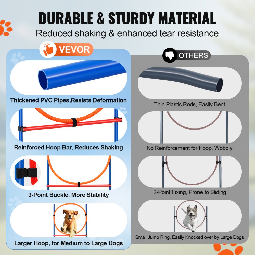 VEVOR Hunde-Agility-Trainingsausrüstung, 4-teiliges Set mit verstellbaren hohen Hürden, 6 Slalomstangen, Sprungring, quadratischer Pausenbox, Pfeife, faltbarer Schüssel, Hindernisparcours-Set für Welpen für den Garten, drinnen und draußen