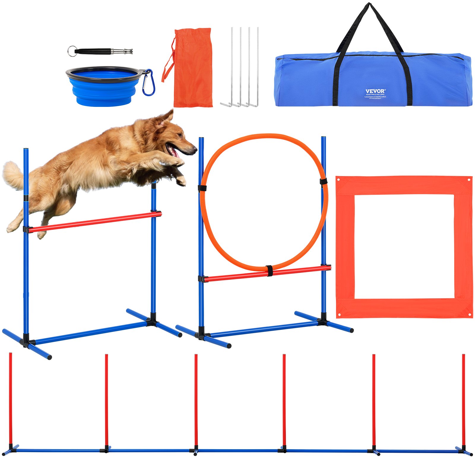 VEVOR Hunde-Agility-Trainingsausrüstung, 4-teiliges Set mit verstellbaren hohen Hürden, 6 Slalomstangen, Sprungring, quadratischer Pausenbox, Pfeife, faltbarer Schüssel, Hindernisparcours-Set für Welpen für den Garten, drinnen und draußen