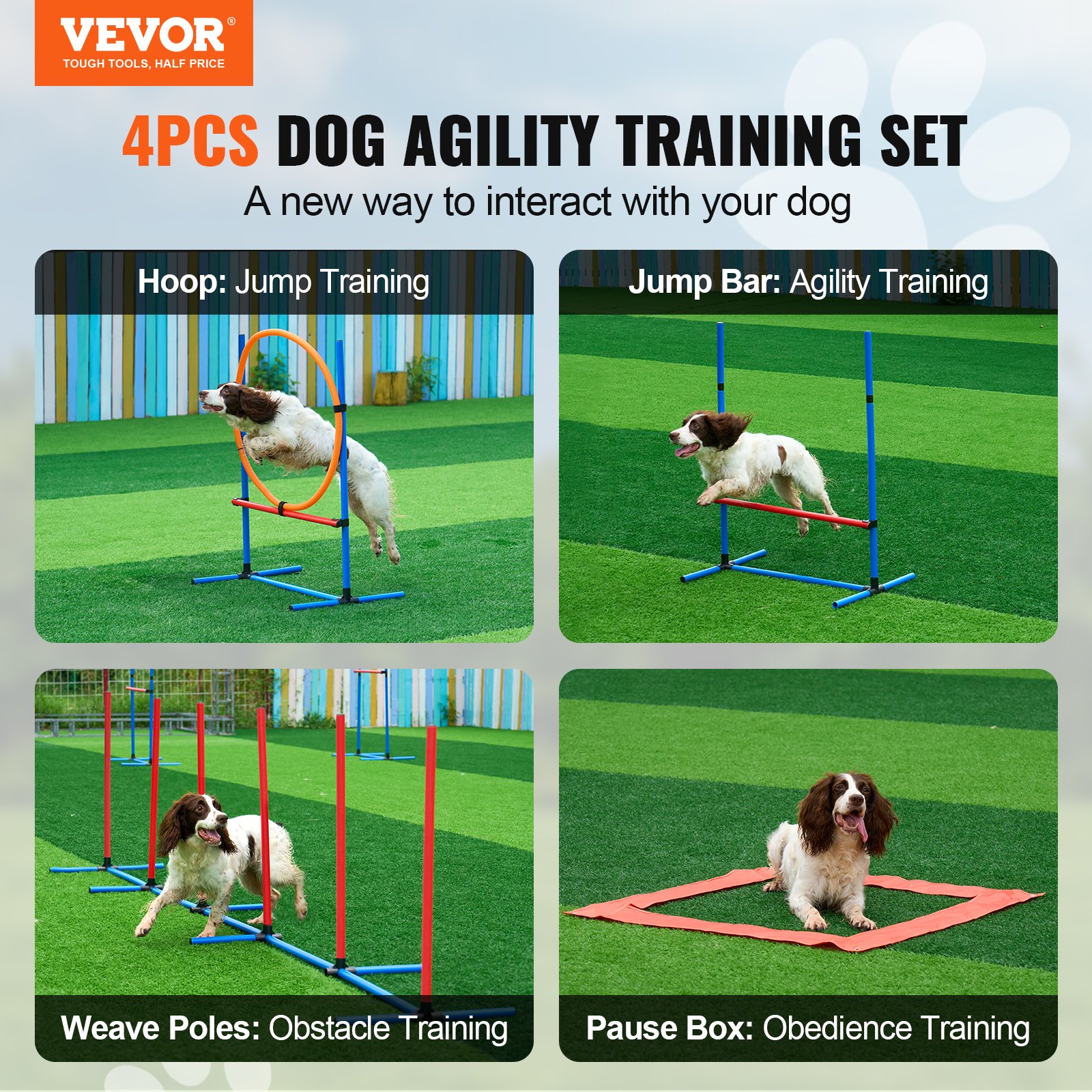 VEVOR Hunde-Agility-Trainingsausrüstung, 4-teiliges Set mit verstellbaren hohen Hürden, 6 Slalomstangen, Sprungring, quadratischer Pausenbox, Pfeife, faltbarer Schüssel, Hindernisparcours-Set für Welpen für den Garten, drinnen und draußen