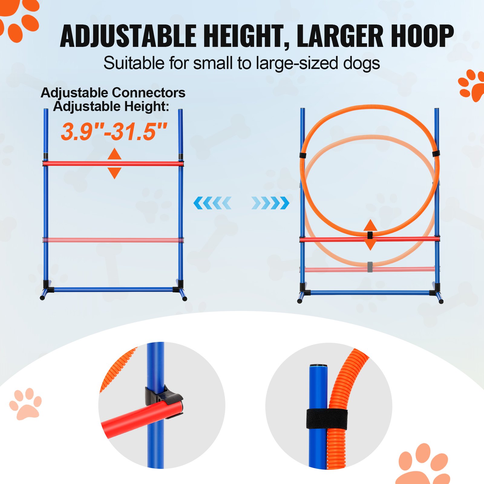 VEVOR Hunde-Agility-Trainingsausrüstung, 4-teiliges Set mit verstellbaren hohen Hürden, 6 Slalomstangen, Sprungring, quadratischer Pausenbox, Pfeife, faltbarer Schüssel, Hindernisparcours-Set für Welpen für den Garten, drinnen und draußen
