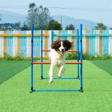 VEVOR Agility-Trainingsausrüstung für Hunde, 7-teiliges Upgrade-Set mit verstellbaren hohen Hürden, 6 Slalomstangen, 2 Tunneln, Sprungring, Pausenbox, 3 Frisbees, Pfeife, faltbarer Schüssel, Hindernisparcours-Set für Welpen mit 3 Taschen