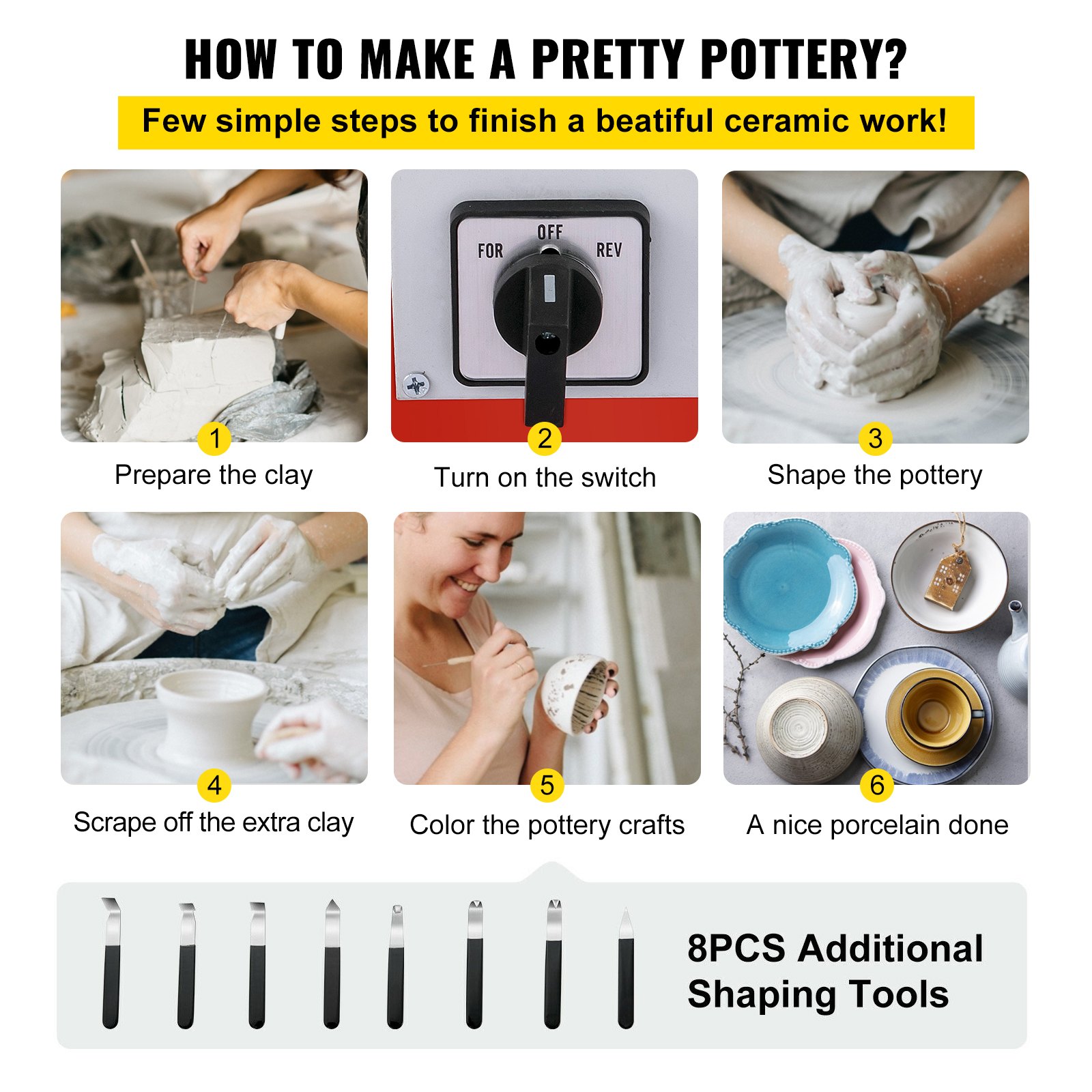 Mophorn Electric Pottery Wheel 25cm Pottery Wheel Shaping Machine 280W Electric Pottery Wheel Ceramic Machine 220V Ceramic Wheel Machine DIY Adjustable Feet with Sculpting Set and for Ceramic Crafts