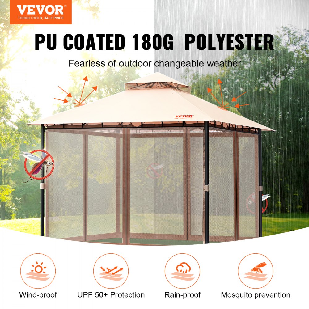 VEVOR Terrassenpavillon für 6–8 Personen, 295x295cm großer Hinterhofpavillon, mit Moskitonetz, Metallrahmen und PU-beschichtetem 180 g Polyester, Überdachung für Terrasse, Hinterhof, Rasen, Garten