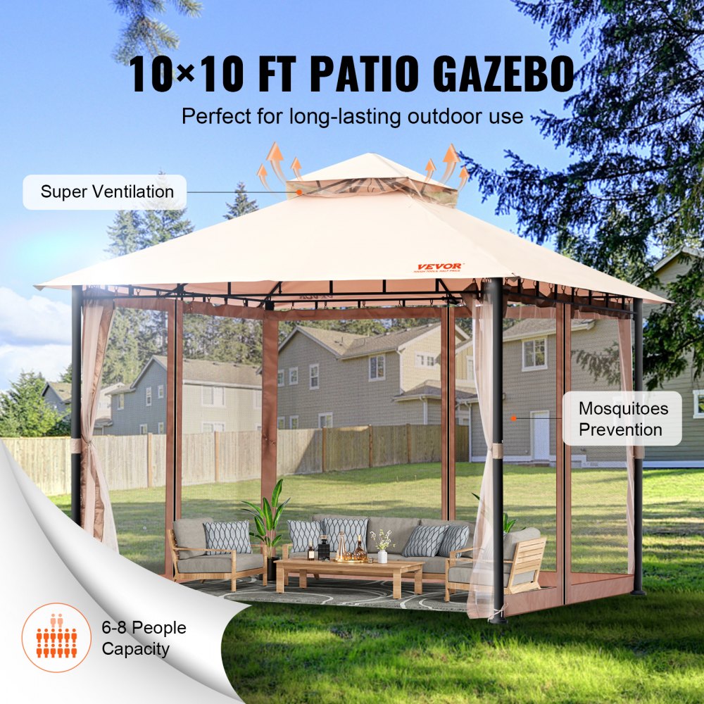 VEVOR Terrassenpavillon für 6–8 Personen, 295x295cm großer Hinterhofpavillon, mit Moskitonetz, Metallrahmen und PU-beschichtetem 180 g Polyester, Überdachung für Terrasse, Hinterhof, Rasen, Garten