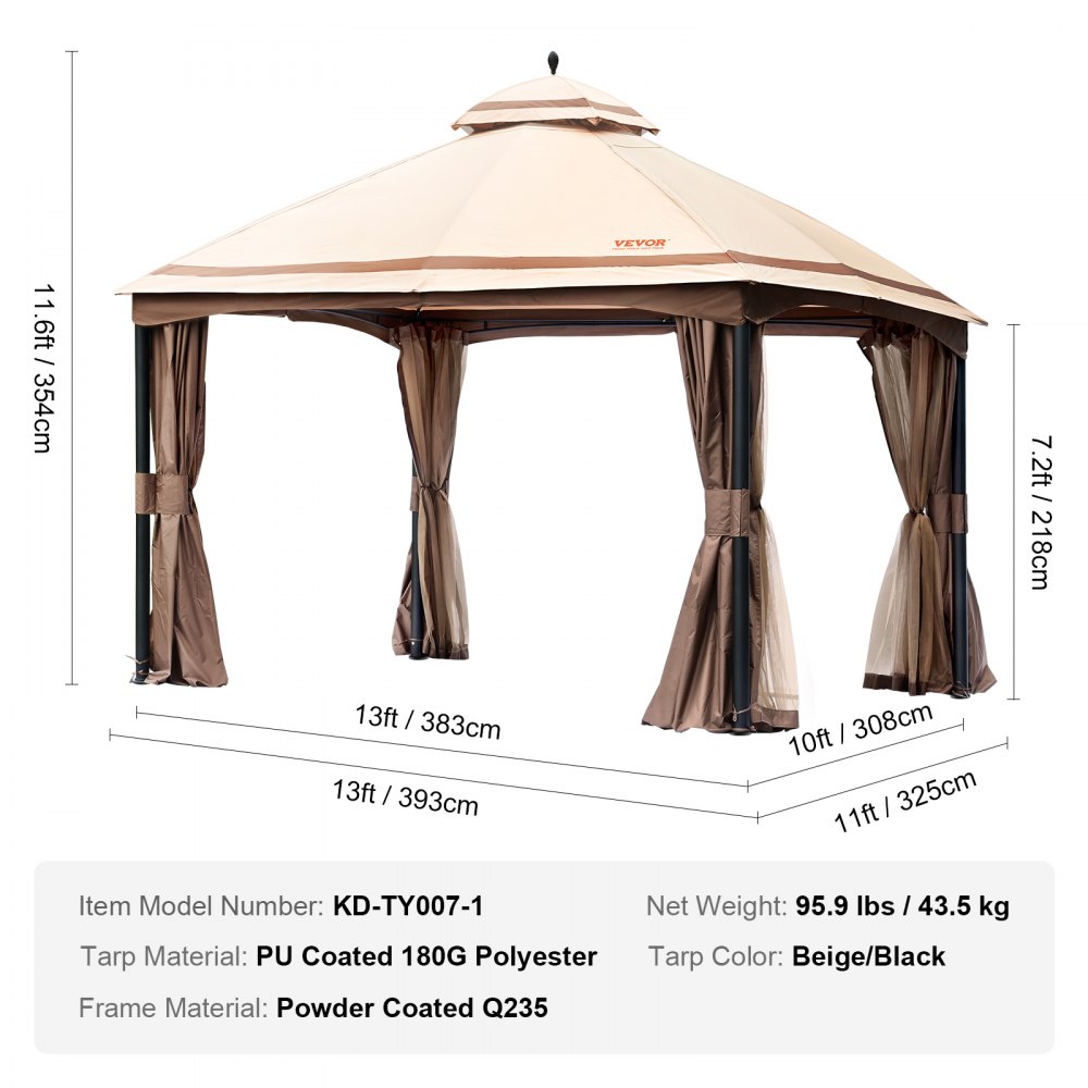 VEVOR Terrassenpavillon für 10-12 Personen 393 x 325cm Hinterhofpavillon mit Moskitonetz Metallrahmen und PU-beschichtetem 180G-Polyester Überdachung im Freien für Terrasse Hinterhof Rasen Garten