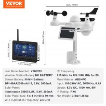 VEVOR 7-in-1 WLAN Wetterstation 186mm TFT Display Kabelloser Außensensor IPX6