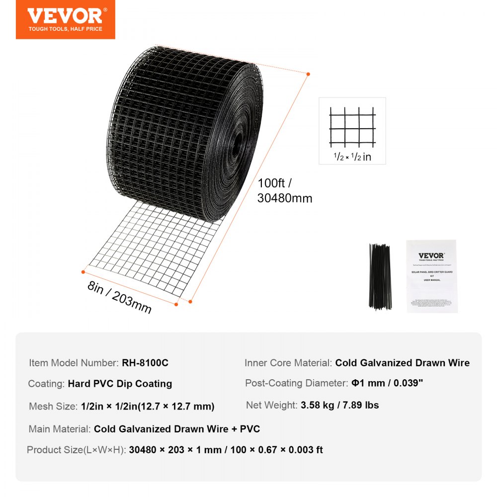 VEVOR bird protection for solar panels, 20.3 x 30.5 m, pigeon deterrent solar panel grid with 50 tire wires, solar panel protection with rustproof PVC coating, 1.27 cm wire mesh