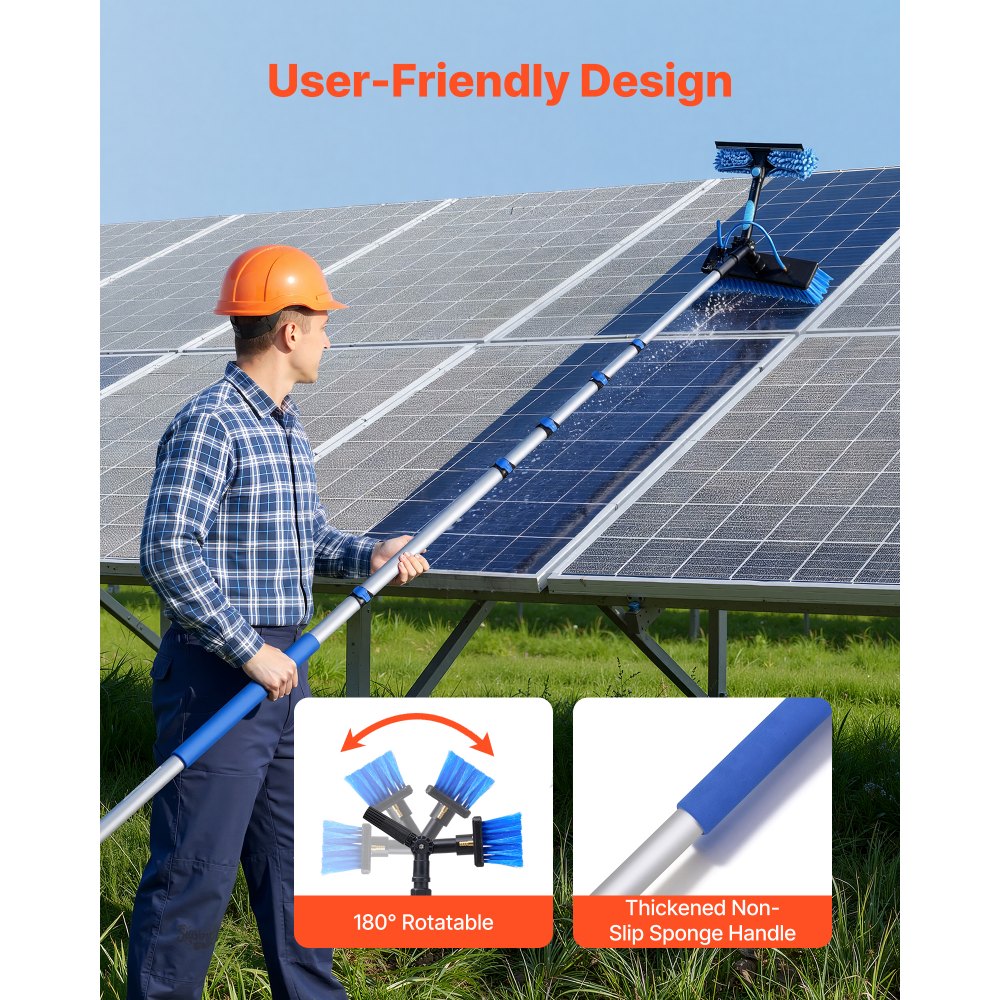 VEVOR Teleskop Waschbürste für Solarpanel, Photovoltaik Reiniger inkl. 2,3-12m Alu-Teleskop 20m Wasseranschluss 180° Bürste Abzieher Seifenspender, Reinigungsset für Solaranlage Fenster Terrassendach