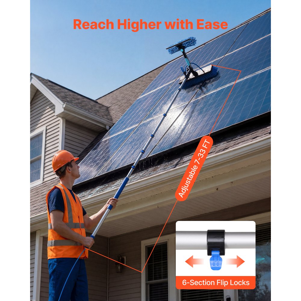 VEVOR Teleskop Waschbürste für Solarpanel, Photovoltaik Reiniger inkl. 2-10m Alu-Teleskop 20m Wasseranschluss 180° Bürste Abzieher & Seifenspender, Reinigungsset für Solaranlage Fenster Terrassendach