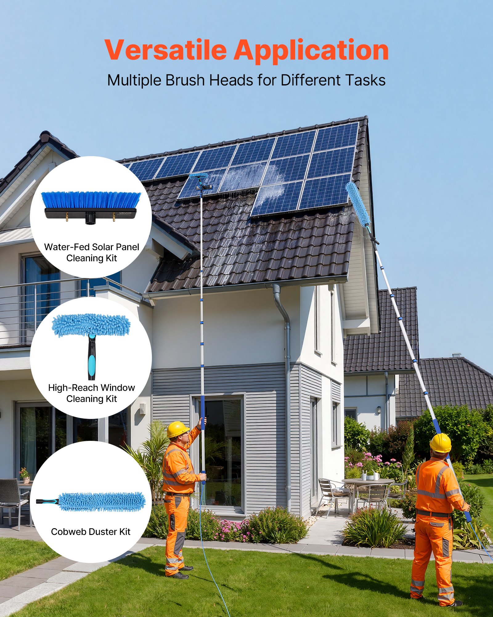 VEVOR Teleskop Waschbürste für Solarpanel, Photovoltaik Reiniger inkl. 2-10m Alu-Teleskop 20m Wasseranschluss 180° Bürste Abzieher & Seifenspender, Reinigungsset für Solaranlage Fenster Terrassendach