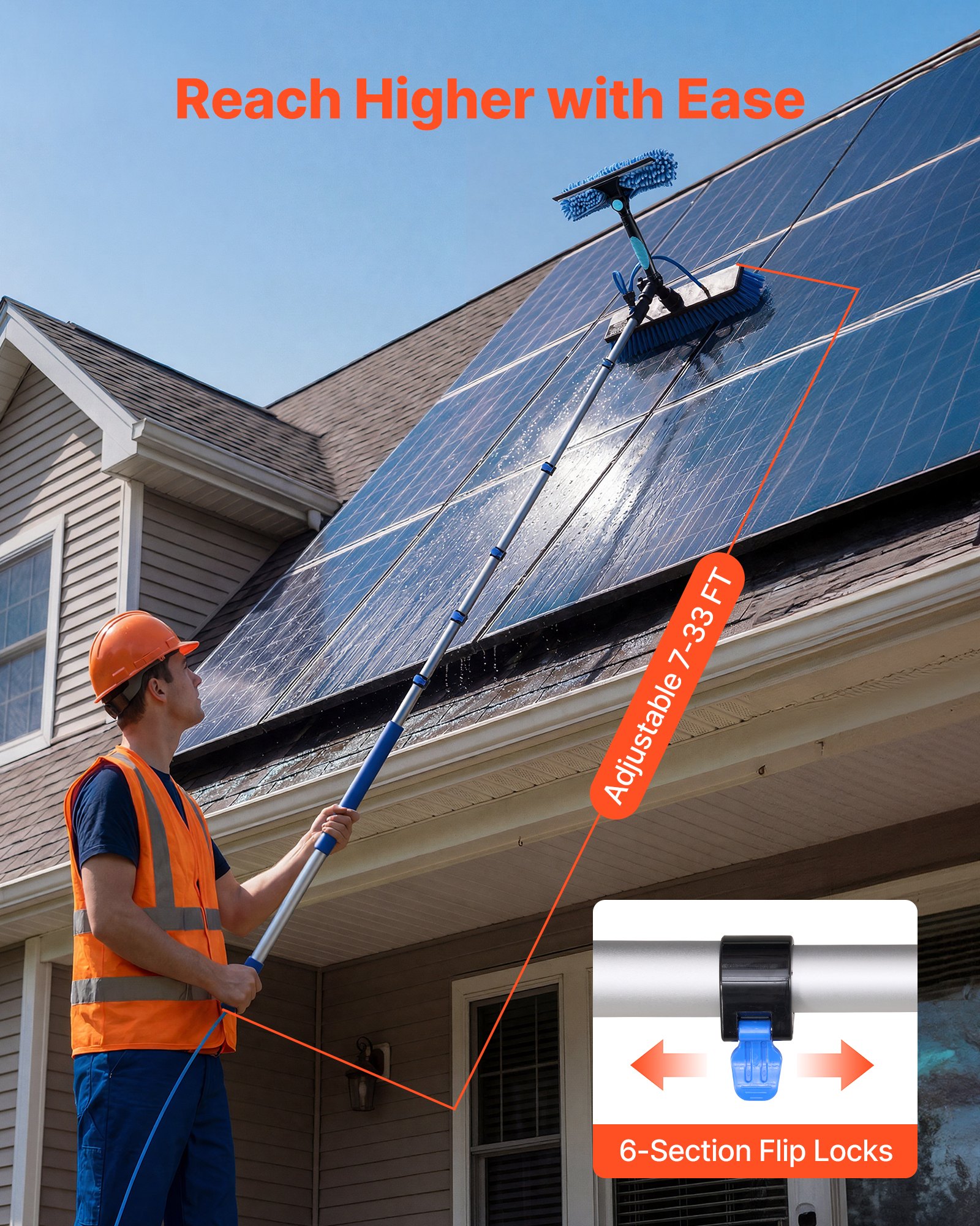 VEVOR Teleskop Waschbürste für Solarpanel, Photovoltaik Reiniger inkl. 2-10m Alu-Teleskop 20m Wasseranschluss 180° Bürste Abzieher & Seifenspender, Reinigungsset für Solaranlage Fenster Terrassendach