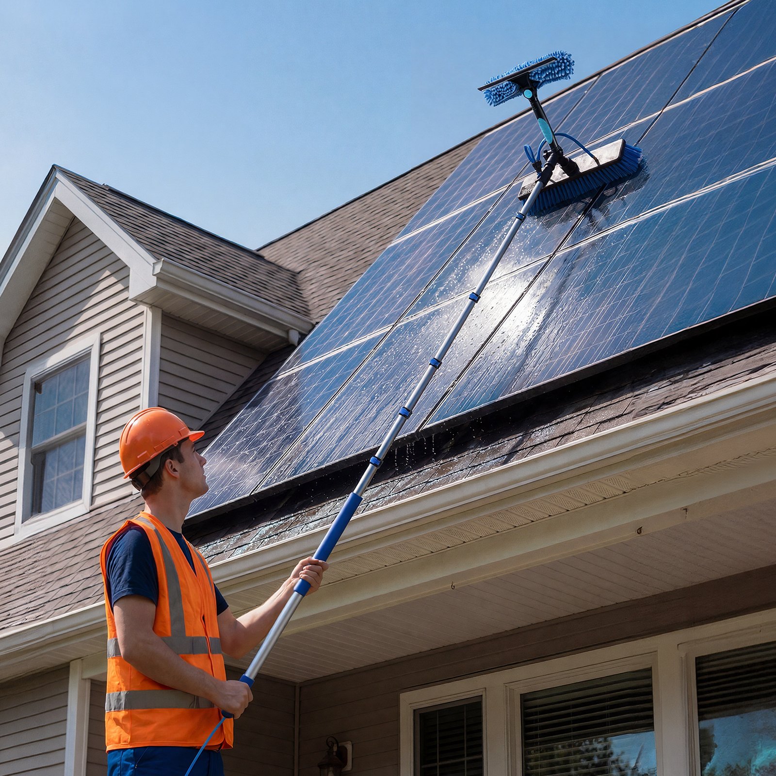 VEVOR Teleskop Waschbürste für Solarpanel, Photovoltaik Reiniger inkl. 2-10m Alu-Teleskop 20m Wasseranschluss 180° Bürste Abzieher & Seifenspender, Reinigungsset für Solaranlage Fenster Terrassendach