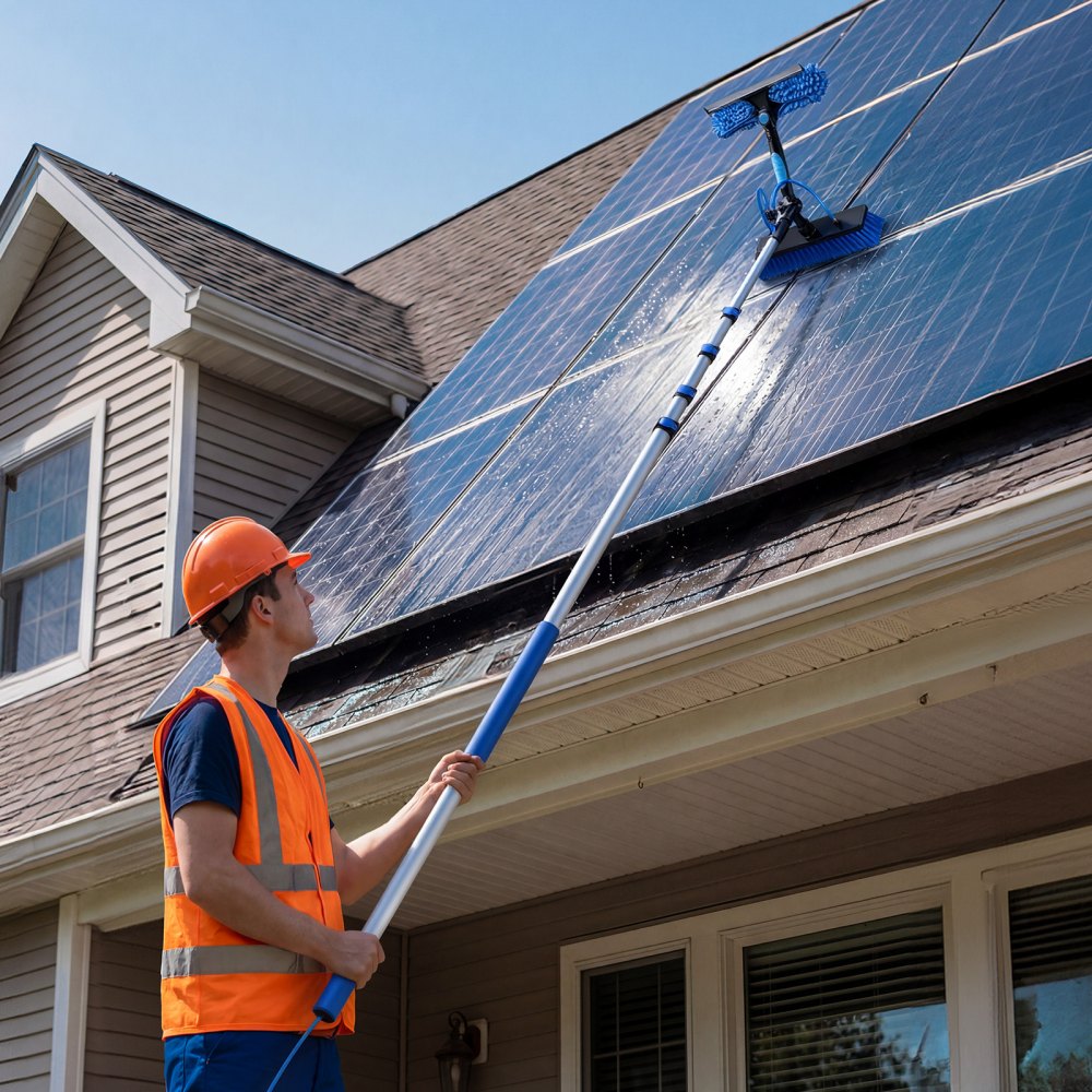 VEVOR Teleskop Waschbürste für Solarpanel, Photovoltaik Reiniger mit 1,8-7,9m Alu-Teleskop 20m Wasseranschluss 180° Bürste Abzieher & Seifenspender, Reinigungsset für Solaranlage Fenster Terrassendach