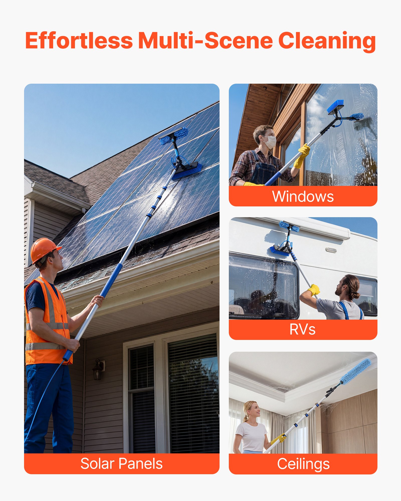 VEVOR Teleskop Waschbürste für Solarpanel, Photovoltaik Reiniger mit 1,8-7,9m Alu-Teleskop 20m Wasseranschluss 180° Bürste Abzieher & Seifenspender, Reinigungsset für Solaranlage Fenster Terrassendach