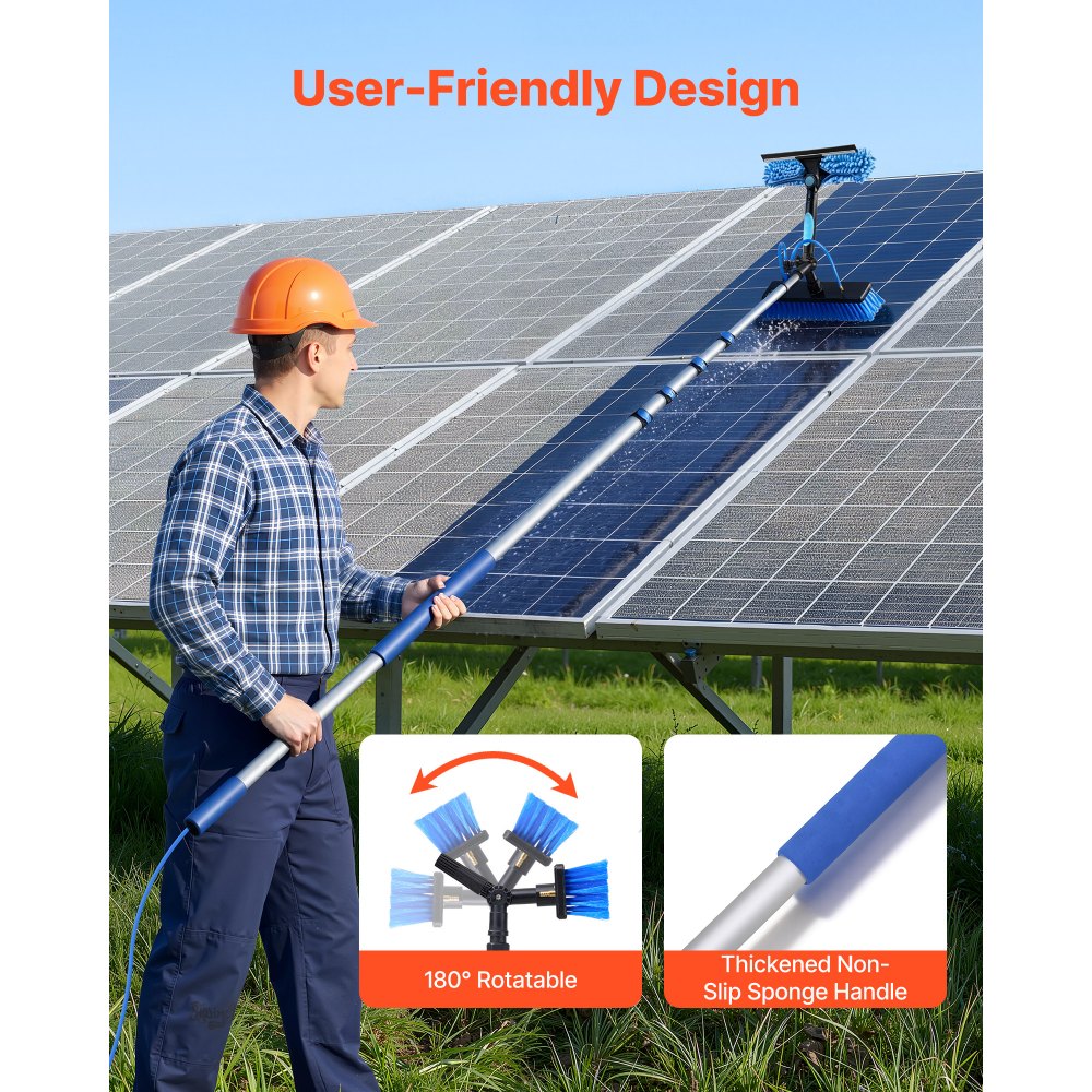 VEVOR Teleskop Waschbürste für Solarpanel, Photovoltaik Reiniger mit 1,8-7,3m Alu-Teleskop 20m Wasseranschluss 180° Bürste Abzieher & Seifenspender, Reinigungsset für Solaranlage Fenster Terrassendach