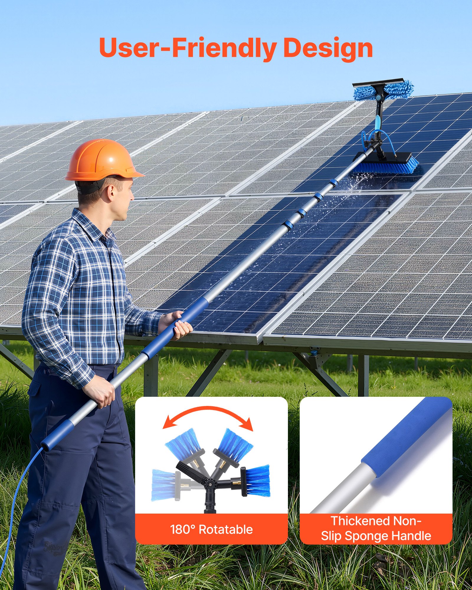 VEVOR Teleskop Waschbürste für Solarpanel, Photovoltaik Reiniger mit 1,8-7,3m Alu-Teleskop 20m Wasseranschluss 180° Bürste Abzieher & Seifenspender, Reinigungsset für Solaranlage Fenster Terrassendach