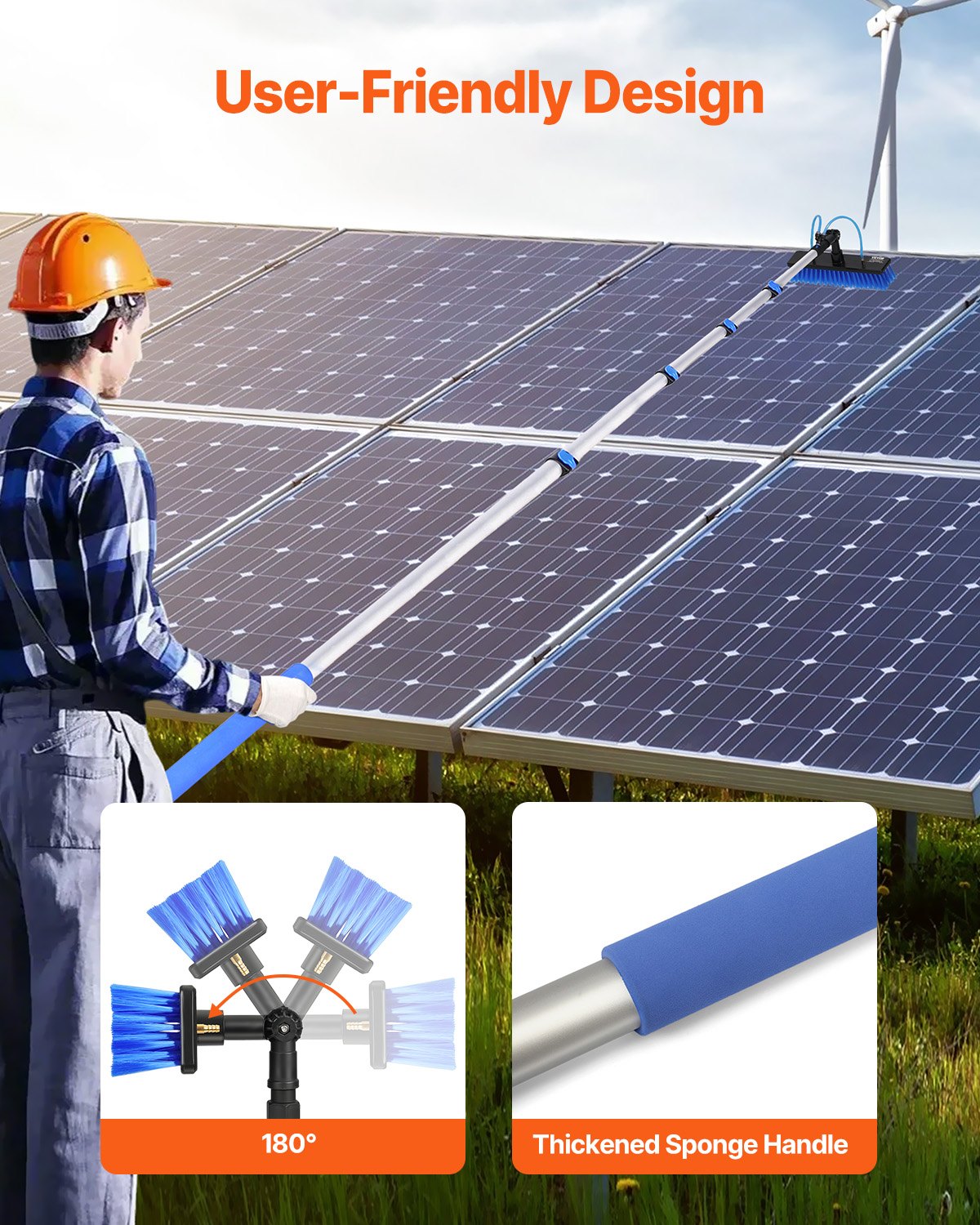 VEVOR Teleskop Waschbürste mit Teleskopstiel, 7,3 m lange Teleskopstange mit ausziehbarem Griff, 180° drehbarem Bürstenkopf & 20 m Schlauch, für Haushalt & Außenbereich, Solarmoduldecks im Wohnwagen