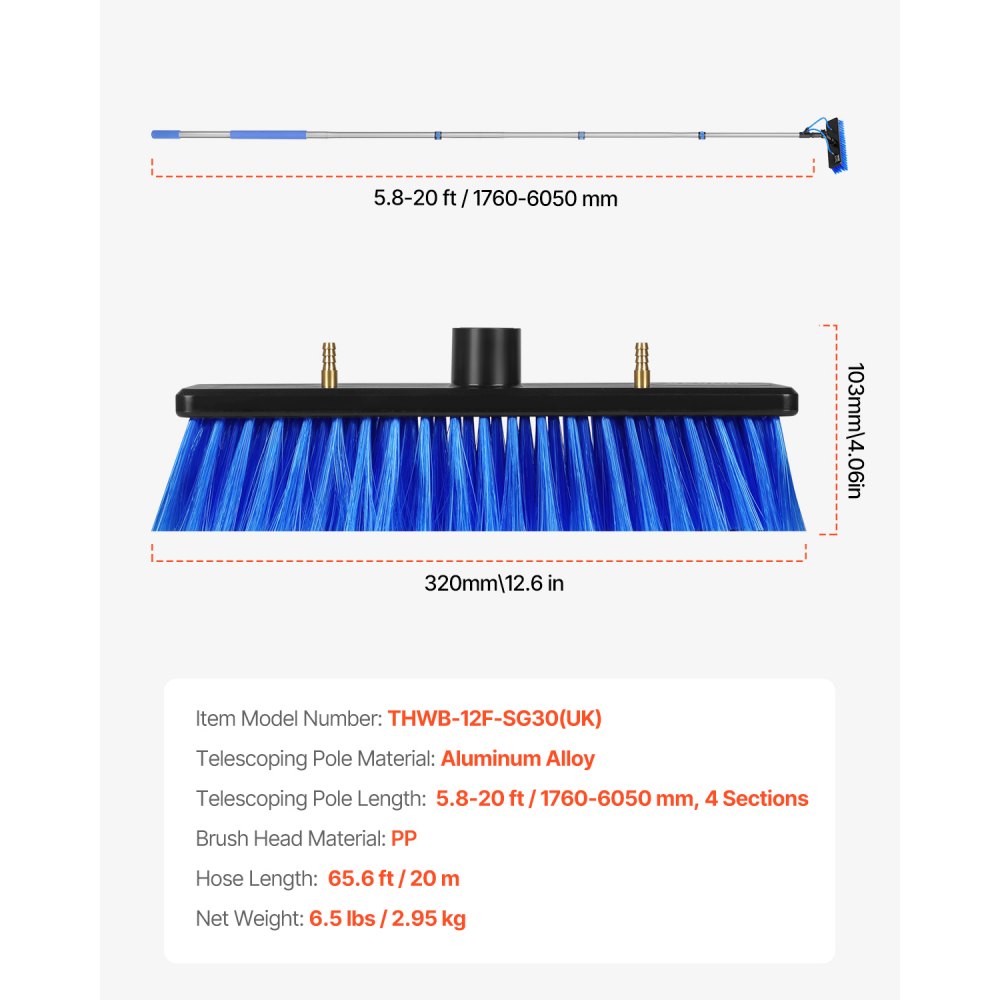 VEVOR Teleskop Waschbürste mit Teleskopstiel, 6 m lange Teleskopstange mit ausziehbarem Griff, 180° drehbarem Bürstenkopf & 20 m Schlauch, für den Haushalt & Außenbereich für Caravan-Solarpaneldecks