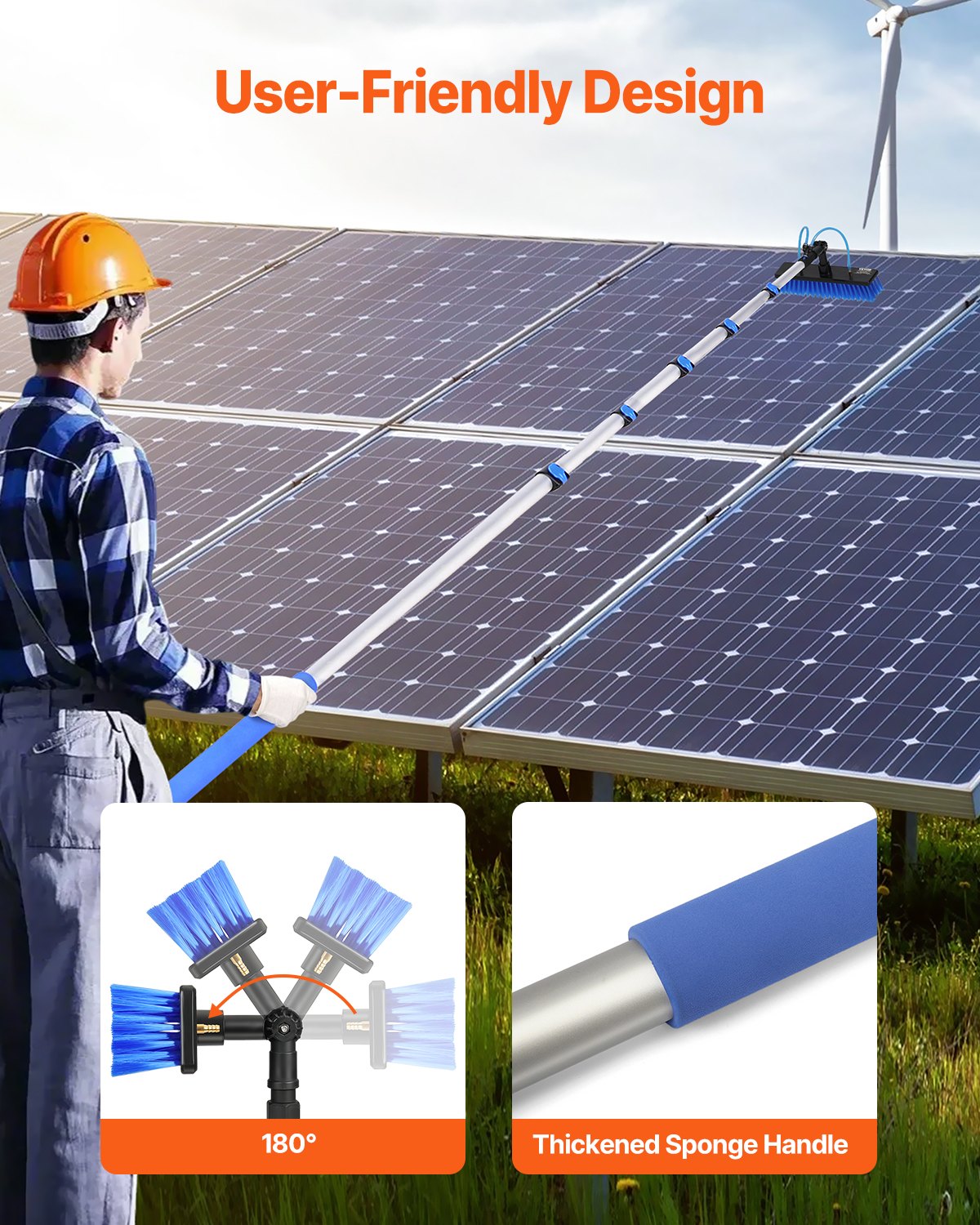 VEVOR Teleskop Waschbürste, 11 m lange Reinigungsstange mit ausziehbarem Griff, 180° drehbarem Bürstenkopf & 20 m Schlauch, Fensterreinigungswerkzeug für den Haushalt & für Caravan-Solarpaneldecks