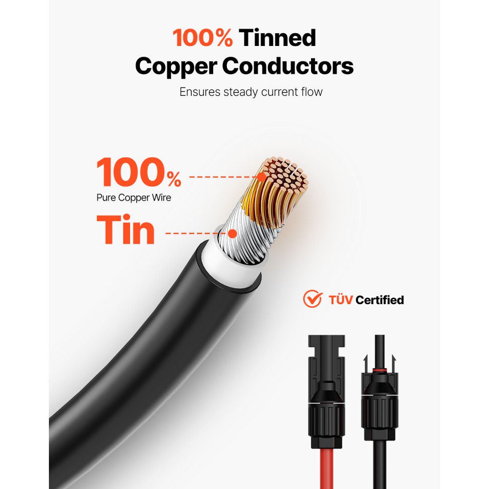 VEVOR Solarkabel 30,48 m, Verlängerungskabel 2er-Set, 10 AWG Kabel mit wasserdichten Buchsen- & Steckeranschlüssen, PV-Kabel für Solarpanele zu Hause, auf Schiffen & in Wohnmobilen, Schwarz & Rot