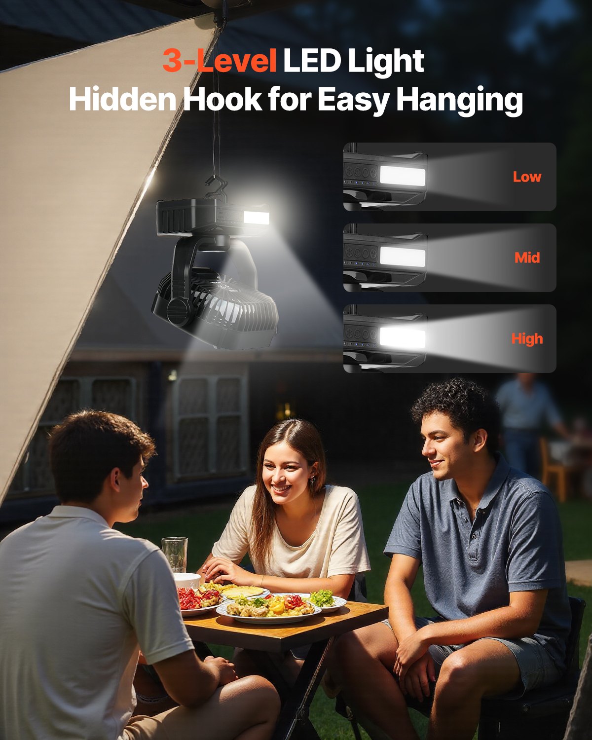 VEVOR 10400 mAh Solarventilator, Campingventilator mit Solarpanel und LED-Laterne, 7 W, 20 cm, tragbarer wiederaufladbarer Akku, 4 Gang & leiser Betrieb für Picknick, Grillen, Angeln, Reisen