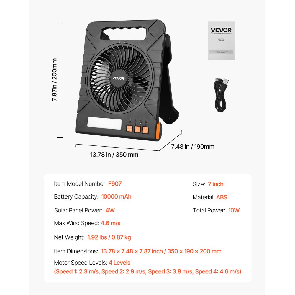 VEVOR 10000 mAh Camping Solarventilator mit LED-Laterne, 17 cm Ventilator, kabellos, mit faltbarem 4-W-Solarpanel, 4 Gang, Timer & leise, USB-Akkubetrieb für Camping, Baustelle, Büro, Schreibtisch