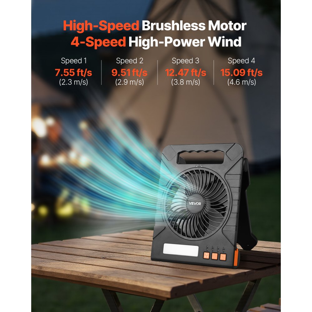 VEVOR 10000mAh Rechargeable Solar Fan with LED Lantern, 18 cm Portable Fan Cordless with 4W Foldable Solar Panel, 4-Speed & Timer & Quiet, USB Battery Powered for Camping Tent Worksite Office Desk