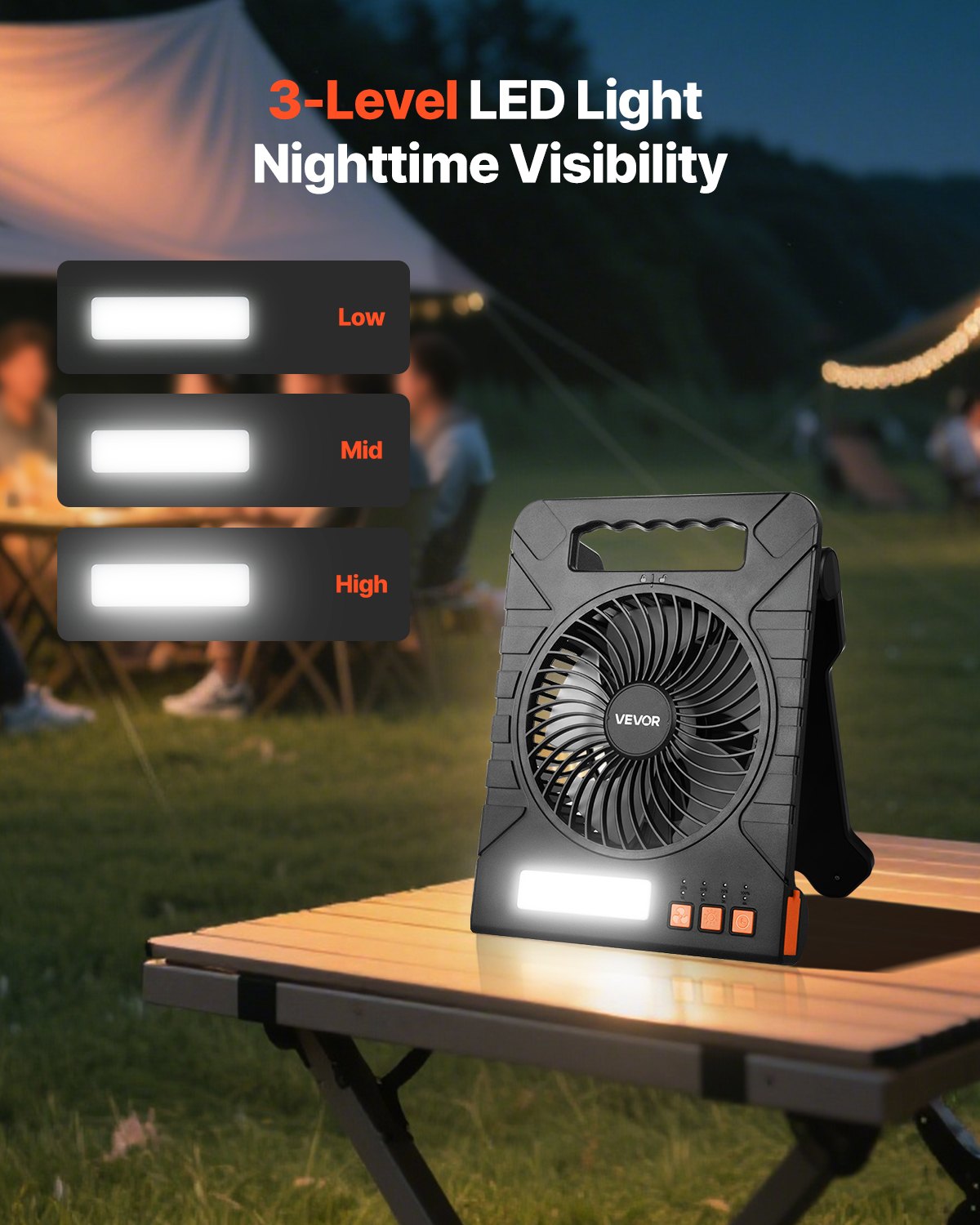 VEVOR 10000 mAh Camping Solarventilator mit LED-Laterne, 17 cm Ventilator, kabellos, mit faltbarem 4-W-Solarpanel, 4 Gang, Timer & leise, USB-Akkubetrieb für Camping, Baustelle, Büro, Schreibtisch