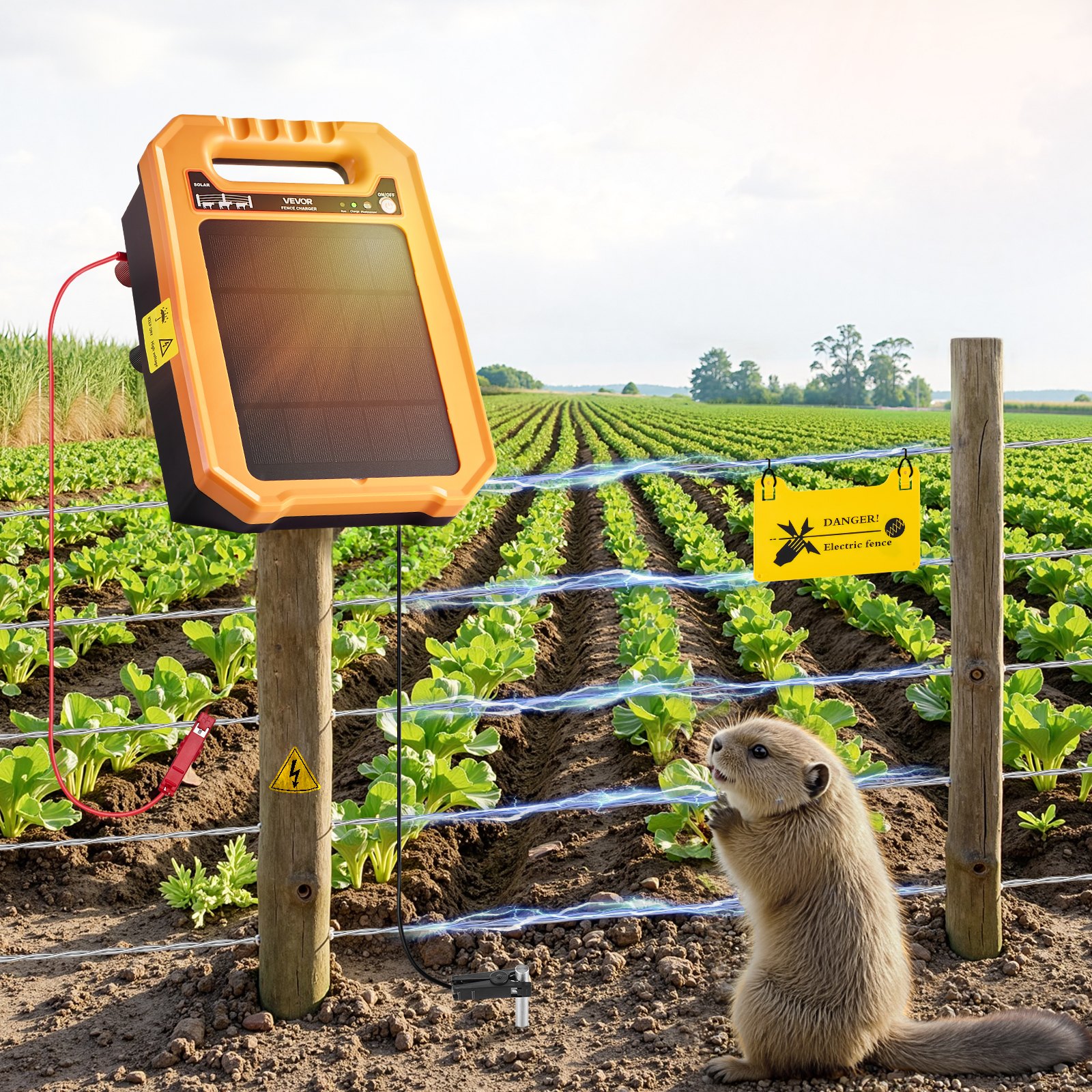 VEVOR Weidezaungerät, 0,3 J, Elektrozaungerät 8 kV, solarbetriebenes Zaunladegerät, 3 km Reichweite, wetterfestes Elektrozaun-Energizer-Set, 7 Tage Laufzeit, für Vieh, Geflügel, Gartenschutz