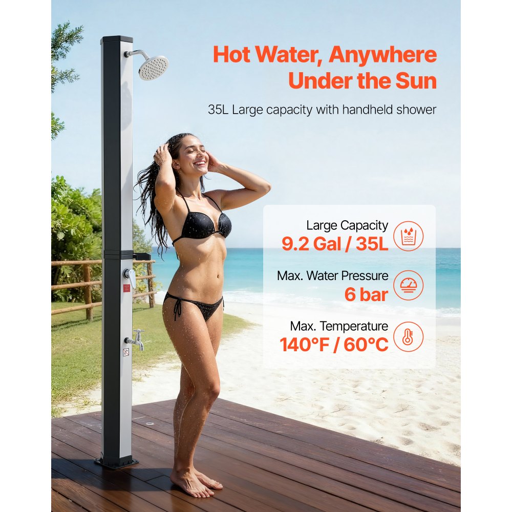 VEVOR Solardusche 35 L, Gartendusche 2160 mm, Außendusche mit Fußarmatur & Seifenablage, Warm- & Kaltwasserregulierung, max. 60°C, Campingdusche für Garten, Poolbereich, Strandpool, Schwarz/Silber