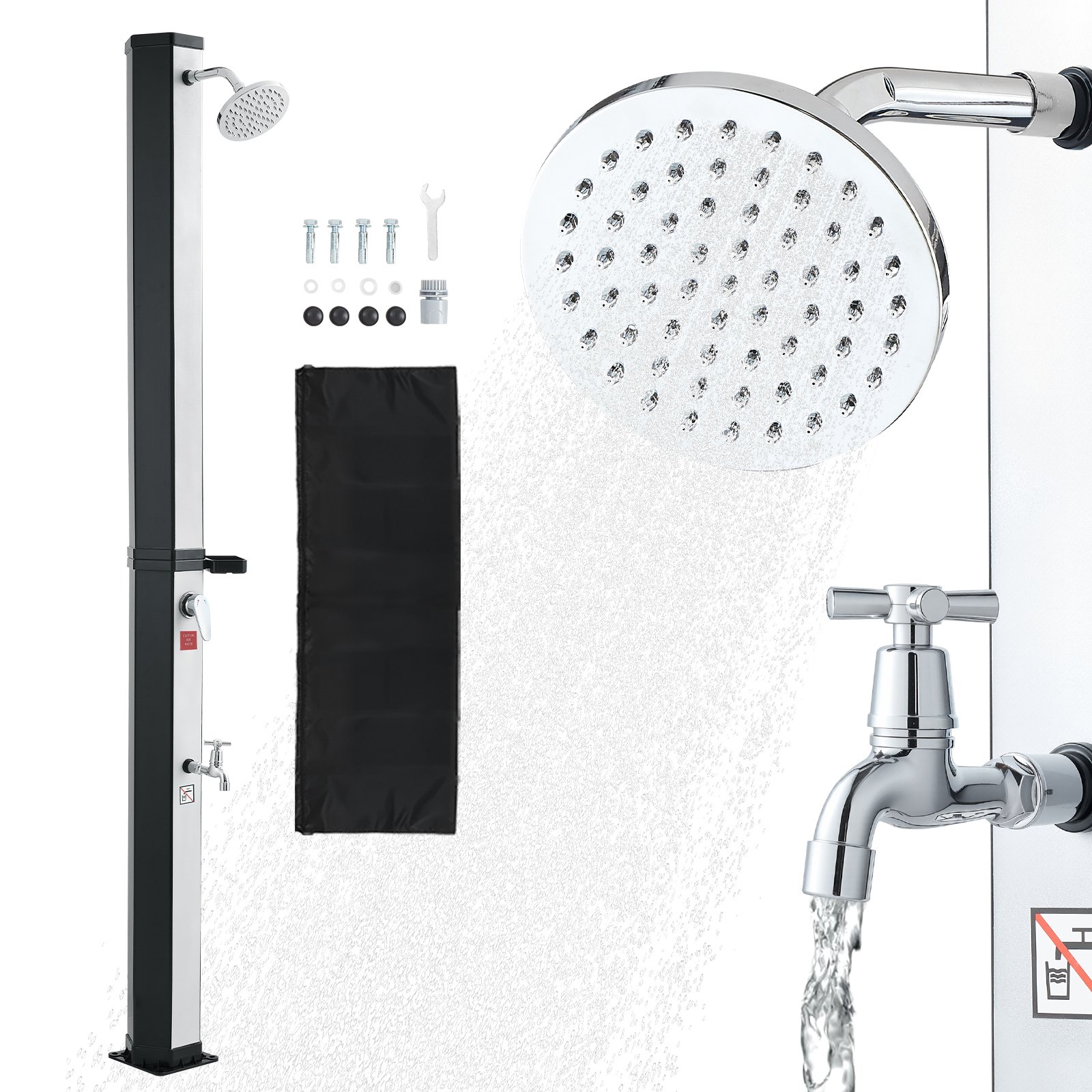 VEVOR Solardusche 35 L, Gartendusche 2160 mm, Außendusche mit Fußarmatur & Seifenablage, Warm- & Kaltwasserregulierung, max. 60°C, Campingdusche für Garten, Poolbereich, Strandpool, Schwarz/Silber