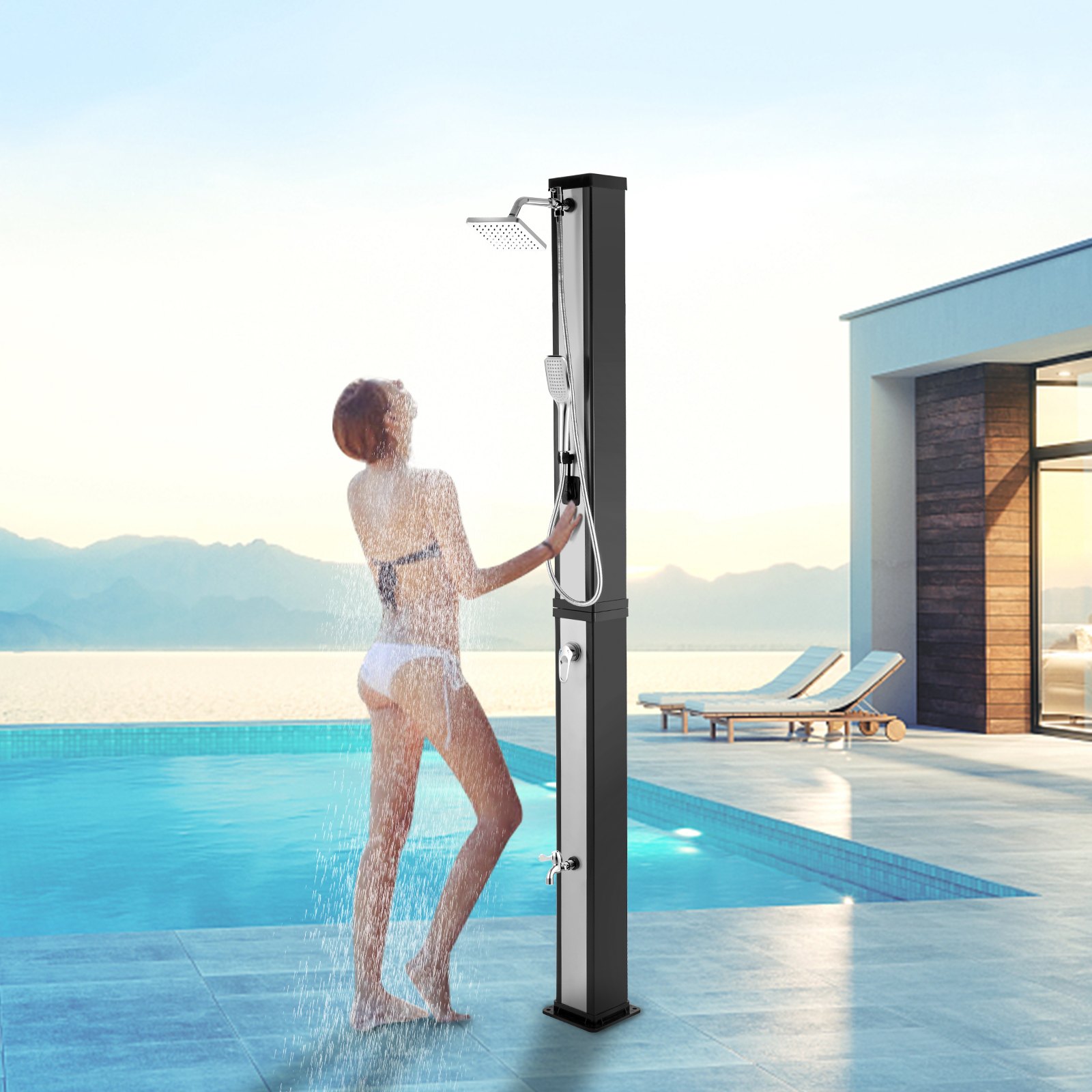 VEVOR Solarbeheizte Duschen 40 L 217 cm silberne schwarze Gartenduschen, mit Fußwasserhahn Pooldutschen, 51 psi WasserDruck Außenduschen, mit 360° Duschkopf MAX. Temperatur 60 ℃ geeignet für Strand