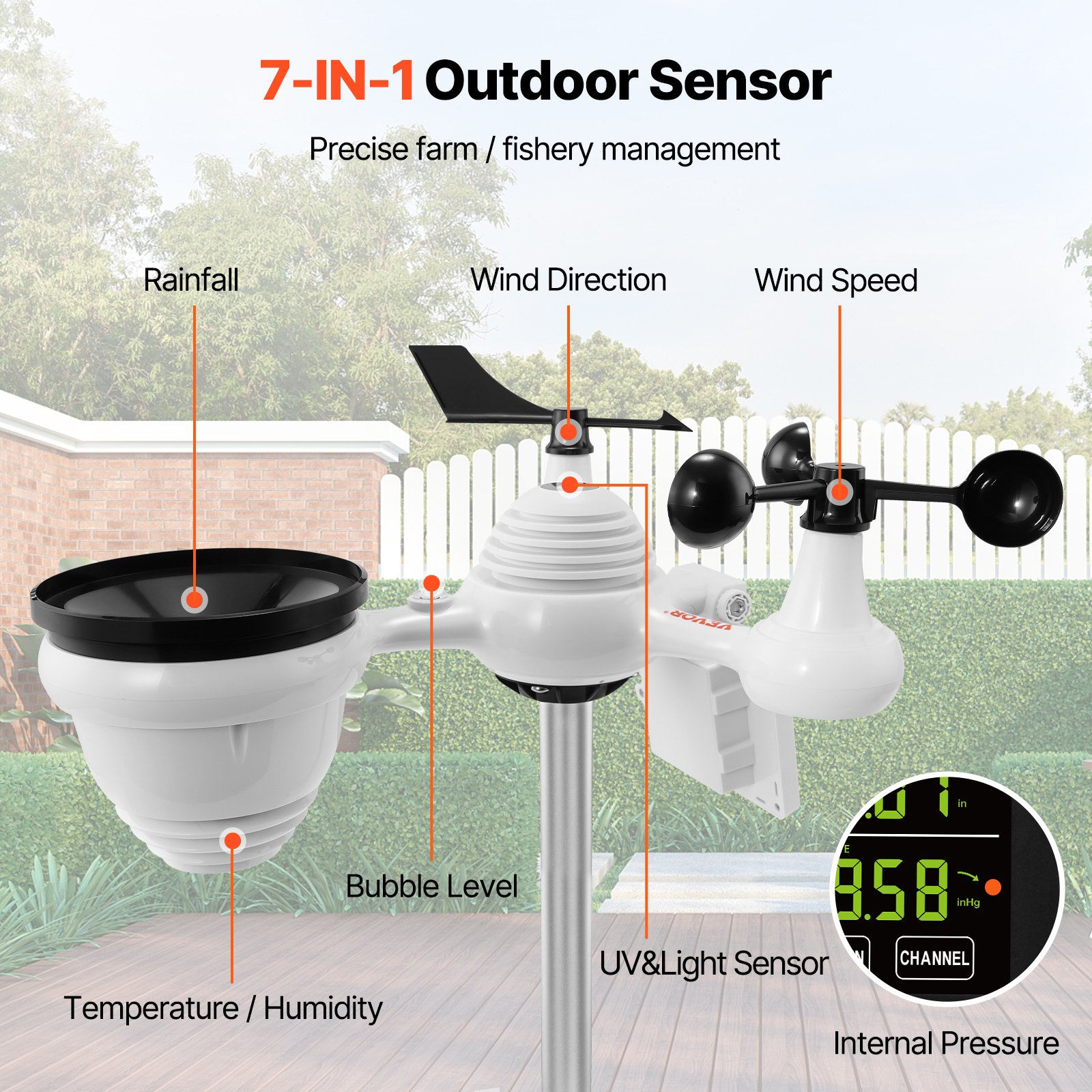 VEVOR Professional WiFi Weather Station 7-in-1 Solar Powered Weather Center 7.5-inch Display 150m Transmission Range Outdoor Sensor for Wind Speed Wind Direction Temperature Humidity Rainfall