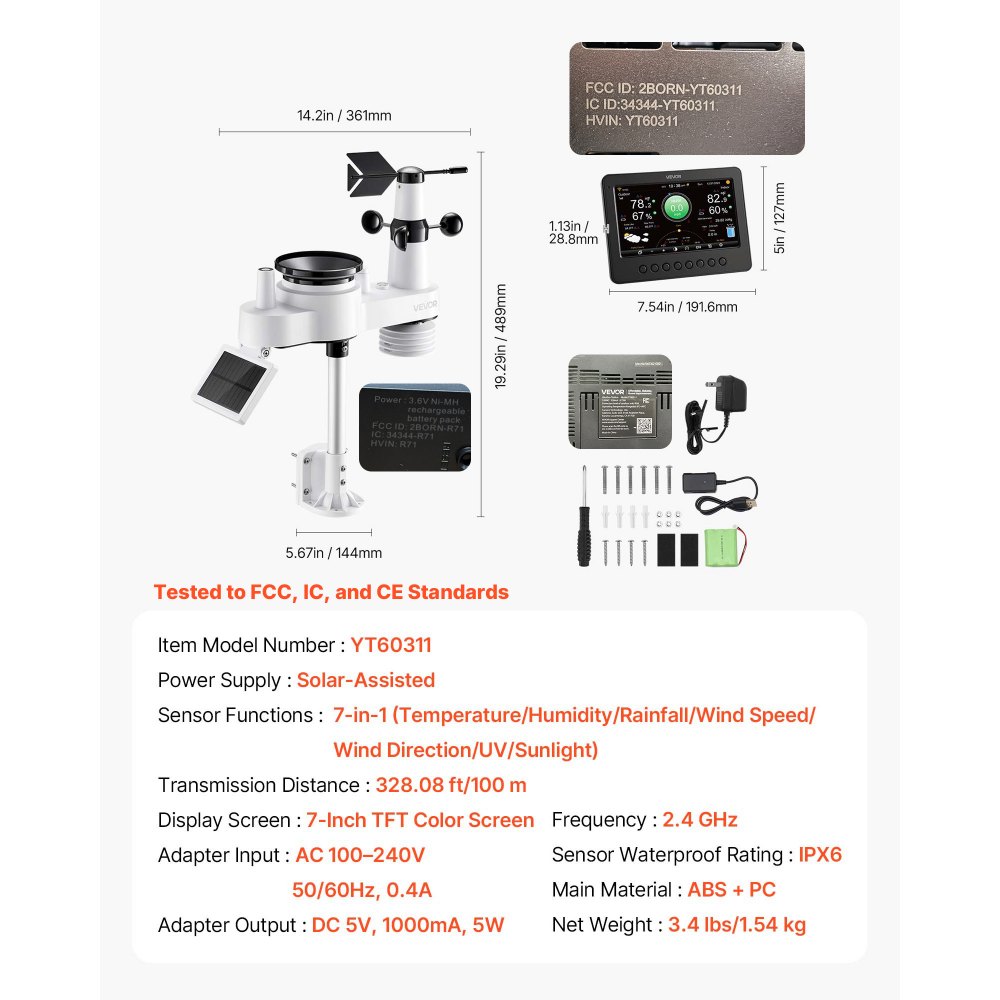 VEVOR 7-in-1 WLAN-Wetterstation, 7-Zoll-TFT-Display, solarbetriebener Außensensor, Wettercenter zur Wettervorhersage, Windgeschwindigkeit, Windrichtung, Temperatur, Luftfeuchtigkeit, Niederschlag