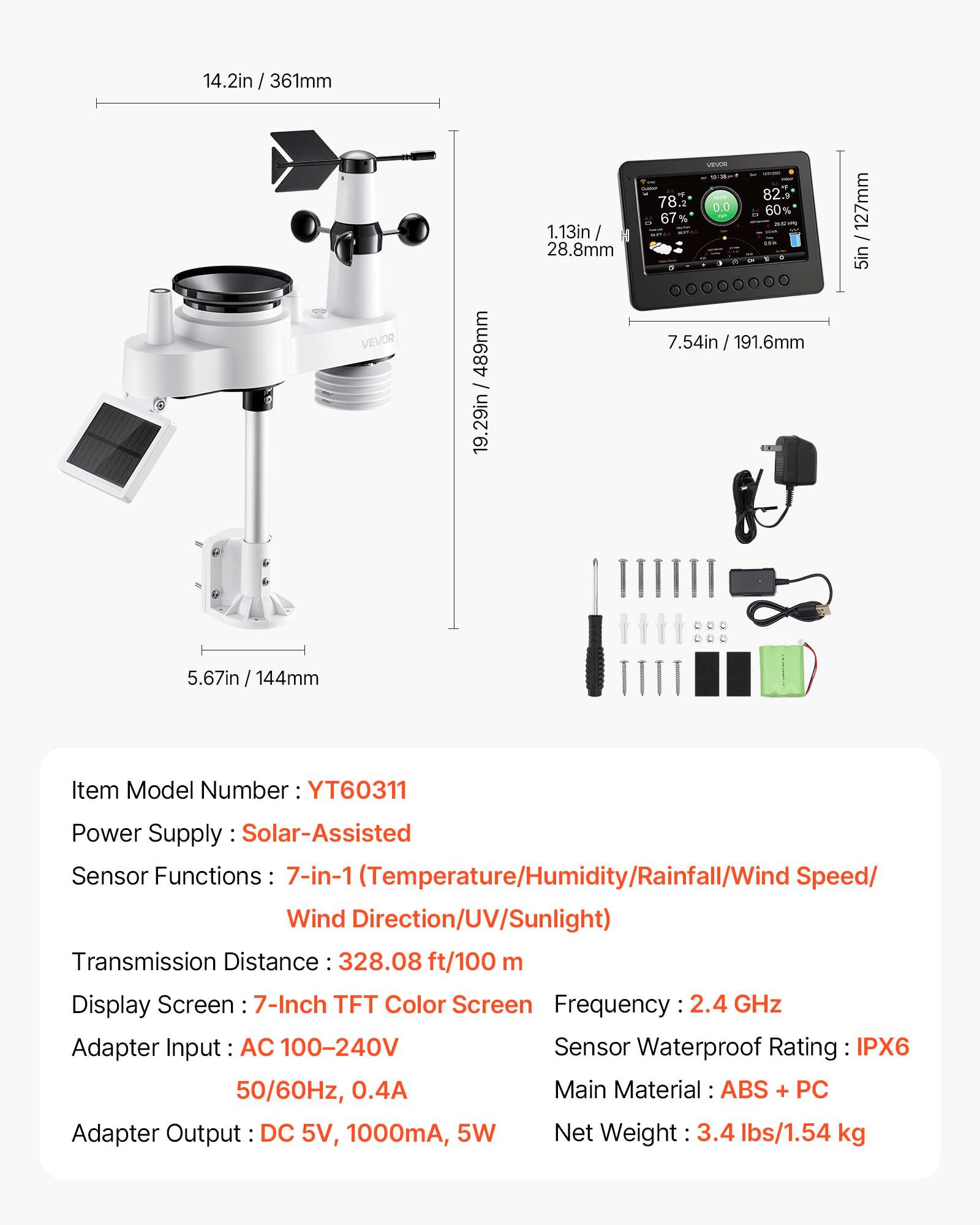 VEVOR 7-in-1 Wi-Fi Weather Station, 177.8 mm TFT Display, Wireless Solar Powered Outdoor Sensor, Rain Gauge, Indoor Outdoor for Weather Forecast, Wind Speed Direction, Temperature, Humidity, Rainfall