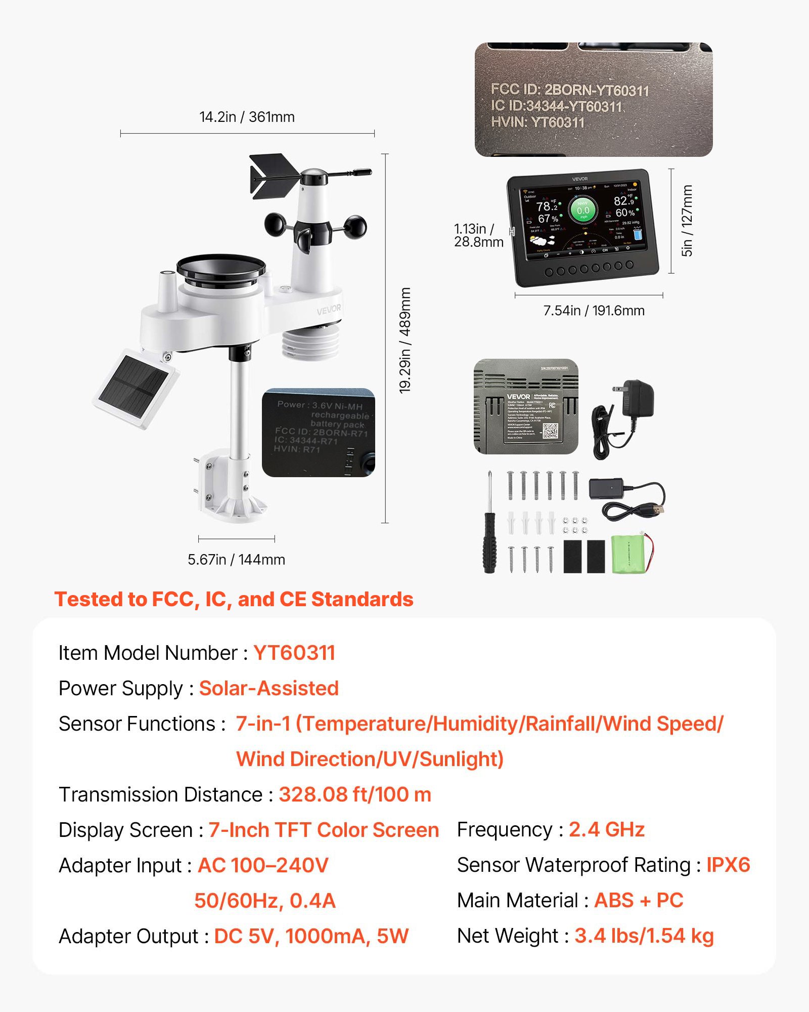 VEVOR 7-in-1 WLAN-Wetterstation, 7-Zoll-TFT-Display, solarbetriebener Außensensor, Wettercenter zur Wettervorhersage, Windgeschwindigkeit, Windrichtung, Temperatur, Luftfeuchtigkeit, Niederschlag