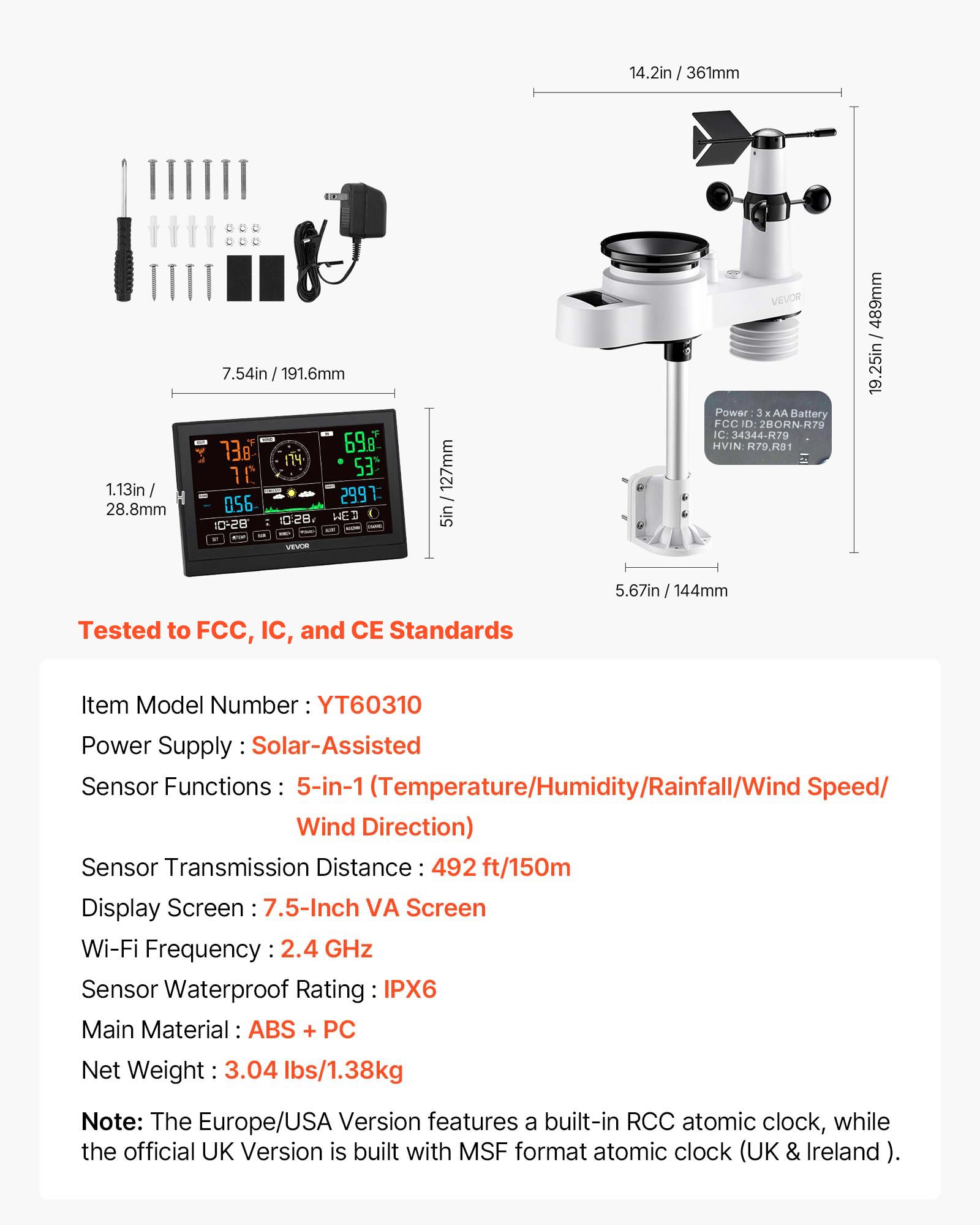 VEVOR 5-in-1-Wetterstation, 7,5-Zoll-Display, solarbetriebener Außensensor, Regenmesser, für Wettervorhersage, Temperatur, Luftfeuchtigkeitsmesser, Windgeschwindigkeit & -richtung (kein WLAN)