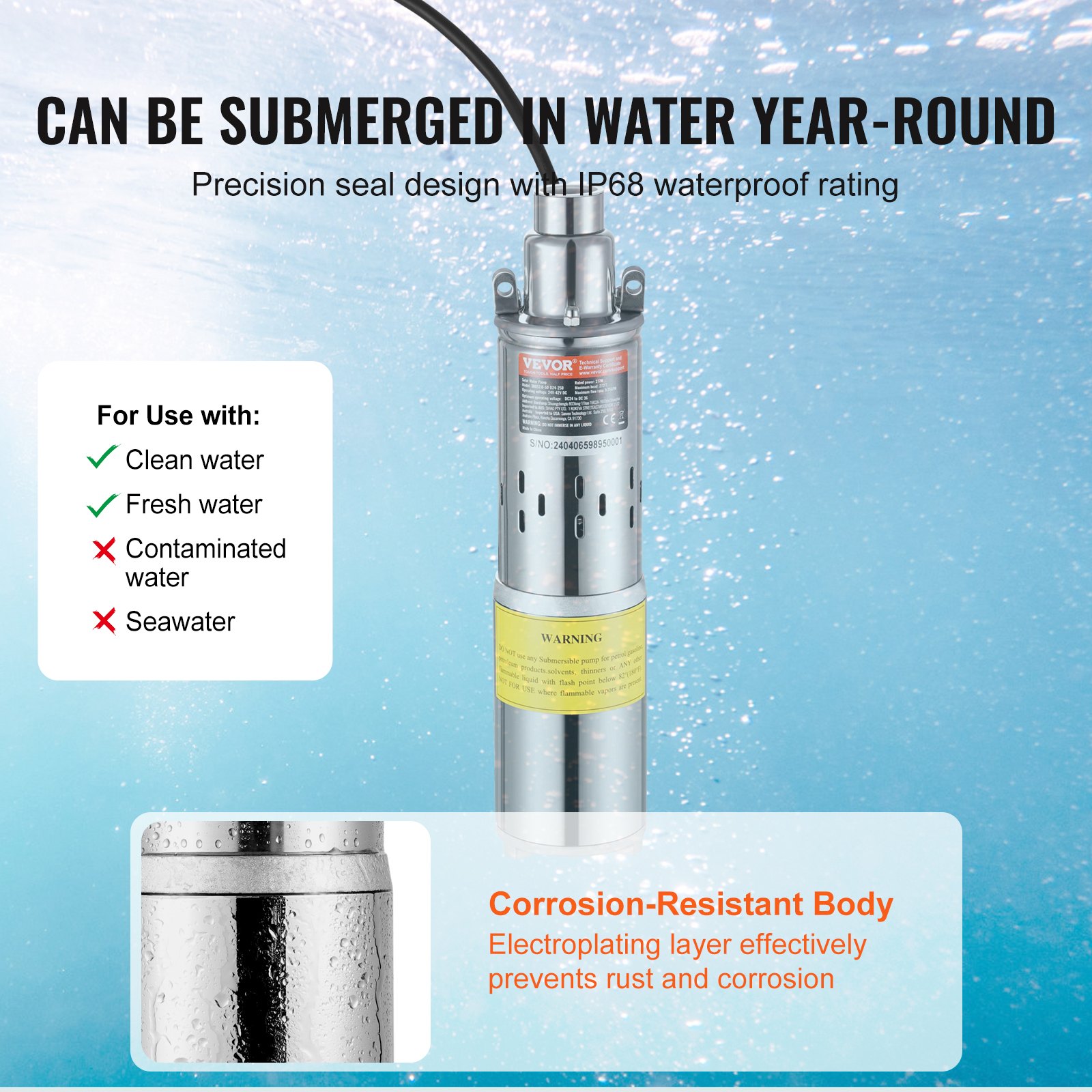VEVOR Solar Wasserpumpe, 24 V DC, 277 W, Tiefbrunnenpumpe, max. Durchfluss 2,1 m³/H, max. Förderhöhe 83 m, max. Eintauchtiefe 20 m, Bewässerung von Bauernhöfen, Tränken von Nutztieren