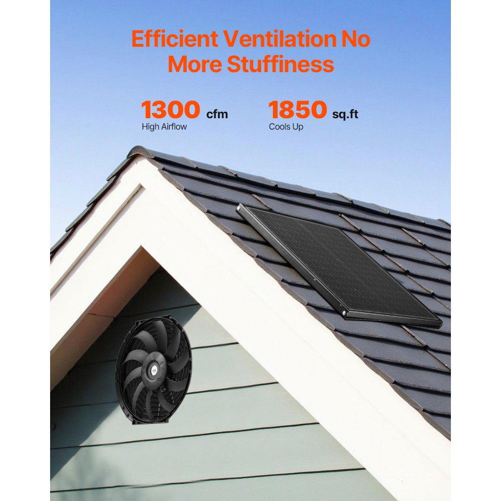 VEVOR Solar Ventilator, Belüftung, Lüfter, Φ340x70 mm, Dachbodenabluftventilator mit einstellbarem Thermostat, Außengitter, 1300 CFM Luftstromkapazität, für Giebel, Dach, Garage, Werkstatt