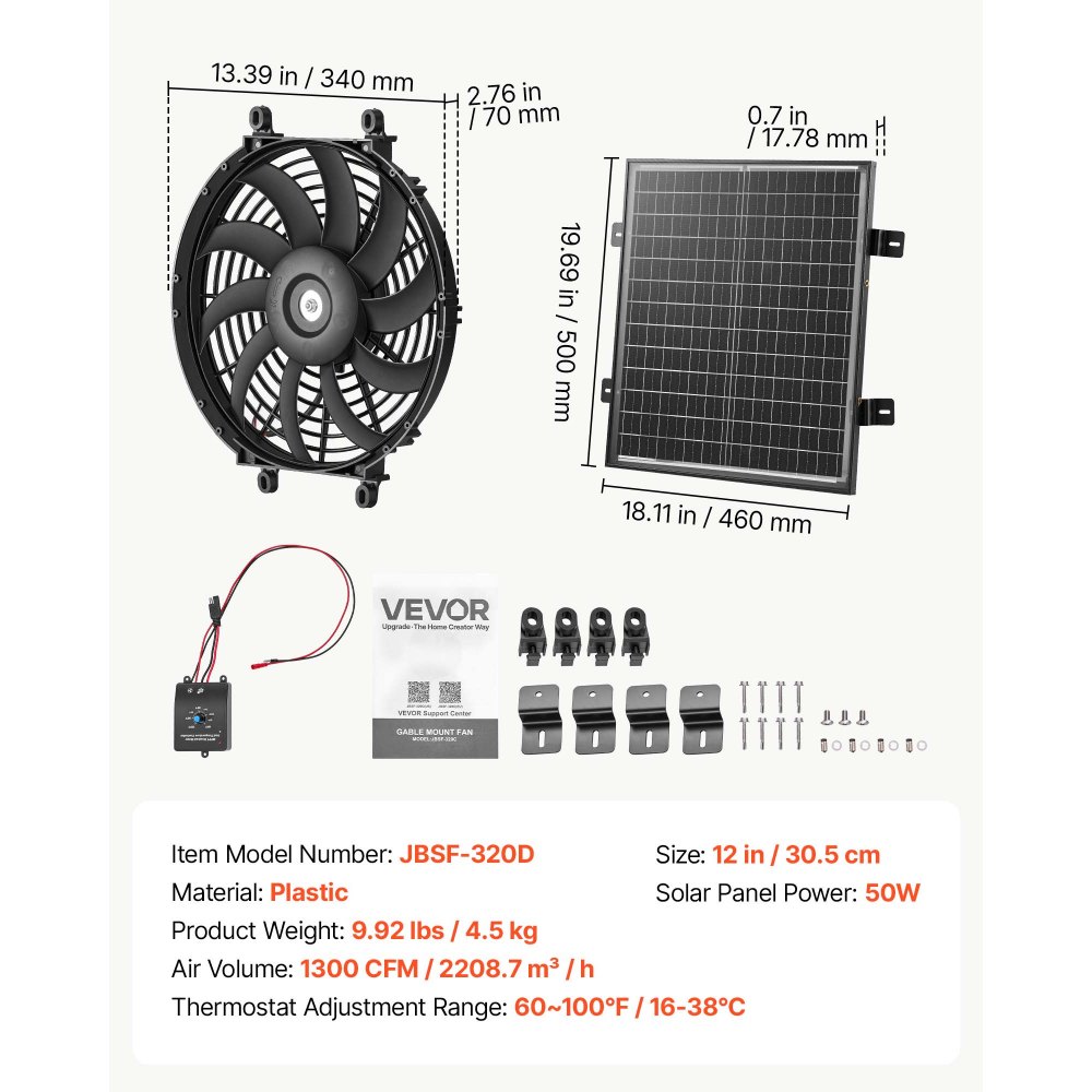 VEVOR Giebellüfter 30,5cm Dachbodenlüfter Solarbetrieben 2208,7m³/h Schwarz, 3-in-1 Belüftung Kühlung & Entfeuchtung für Dachboden Gewächshaus & Werkstatt, PP-Gehäuse, mit Thermostat & 50W Solarpannel