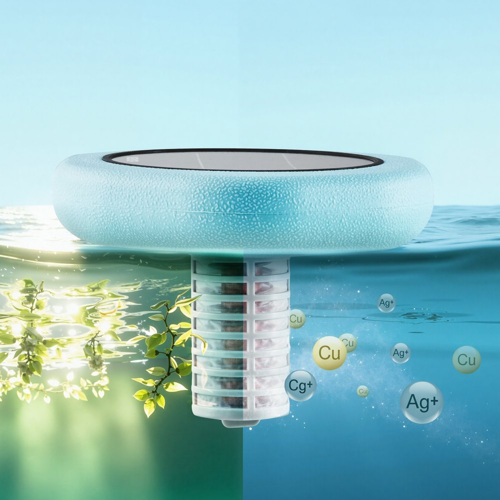 VEVOR Solar-Poolionisator bis zu 170343 L, Schwimmender Automatischer Wasserreiniger und -filter, Chlorfreies Wasser, Sechseckiger Kupfer-Poolionisator mit Kupferanode & Feder & Bürste & Filter