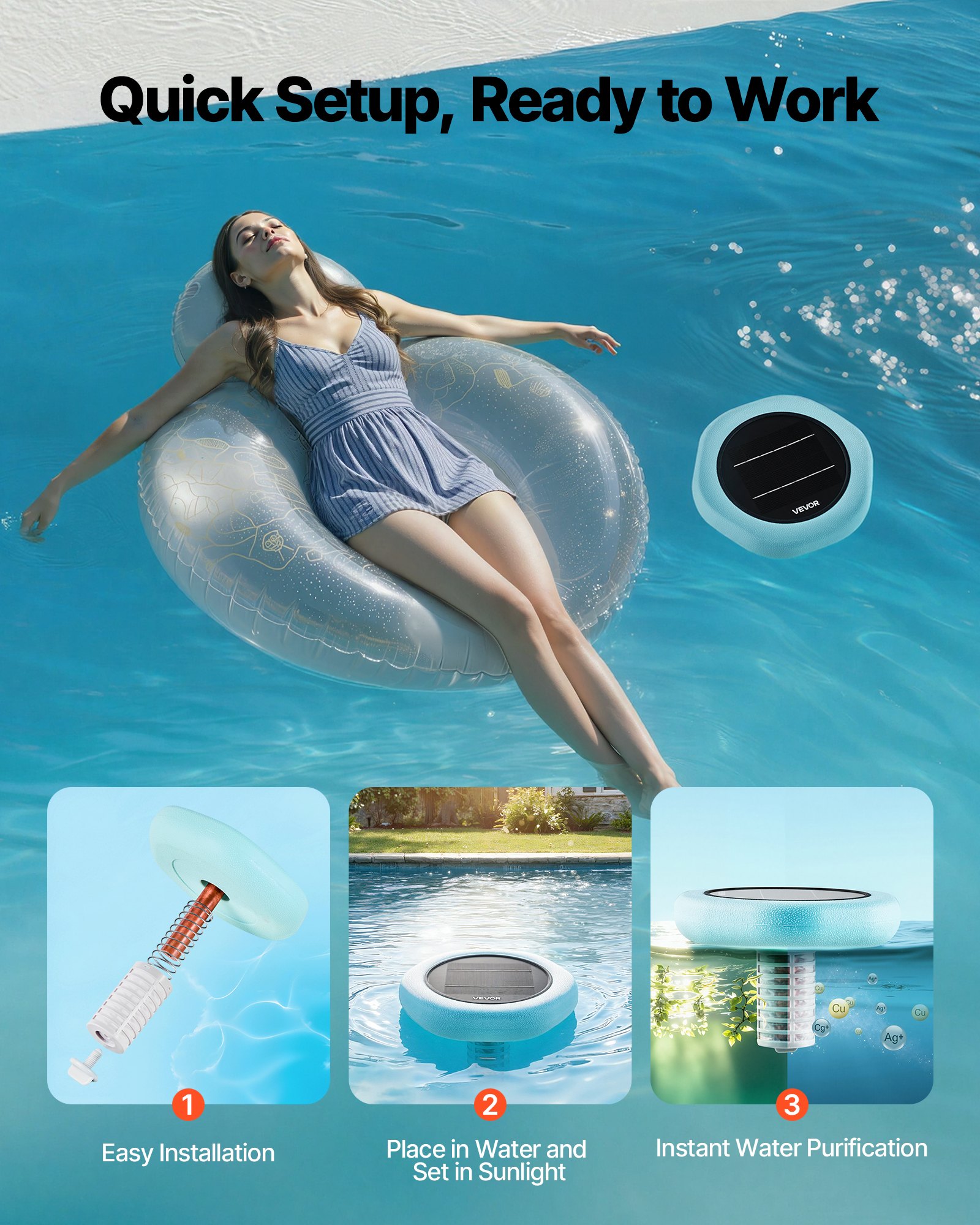 VEVOR Solar-Poolionisator bis zu 170343 L, Schwimmender Automatischer Wasserreiniger und -filter, Chlorfreies Wasser, Sechseckiger Kupfer-Poolionisator mit Kupferanode & Feder & Bürste & Filter