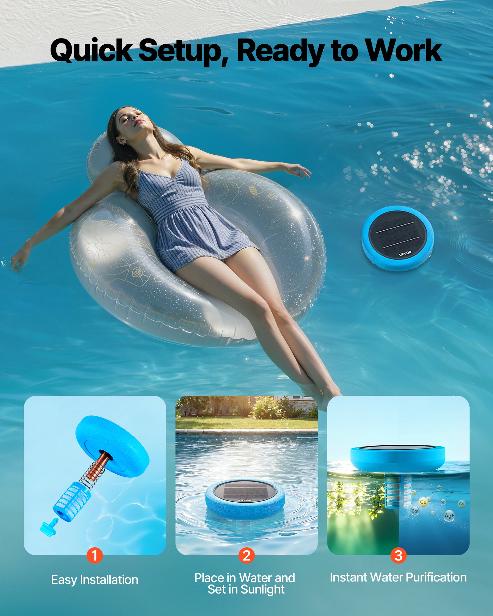 VEVOR Solar-Poolionisator bis zu 132489 L, Schwimmender Automatischer Wasserreiniger und -filter, Chlorfreies Wasser, Runder Kupfer-Poolionisator mit Kupferanode & Feder & Bürste & Filter für Spas