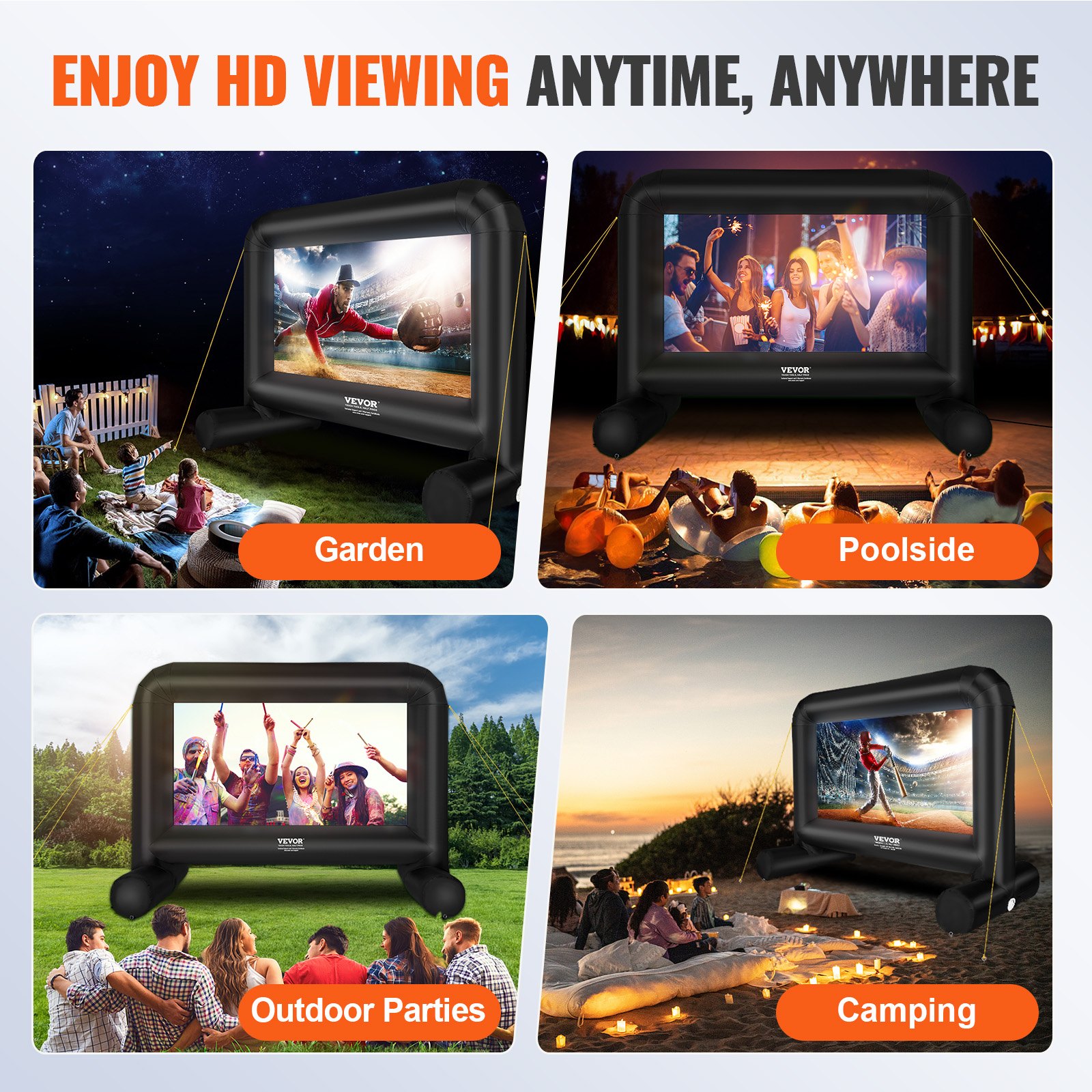 VEVOR Inflatable Projection Screen made of PVC 215.9 cm 1080P, 4K, 3D, HDR Outdoor Indoor Portable Projector Screen Movie Screen 16:9 for Home Cinema, Garden, Camping, Leisure Events etc.