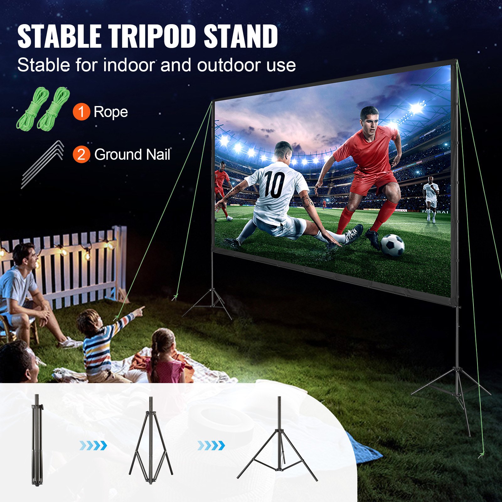 VEVOR Projektion Beamer Leinwand mit Ständer 381 cm HD 4K Outdoor Indoor Projektor Screen Schnelles Klappbare Tragbare Filmleinwand 16: 9 für Heimkino, Camping und Freizeitveranstaltungen Schwarz